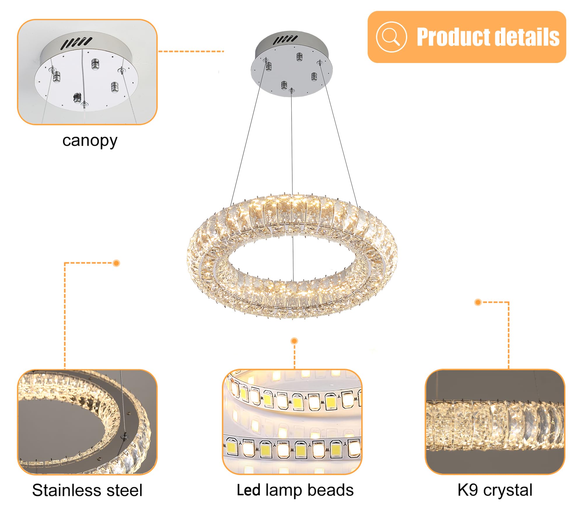 IDEQUY Modern Crystal Chandelier Dimmable LED 15.7" Ring Pendant Light ...