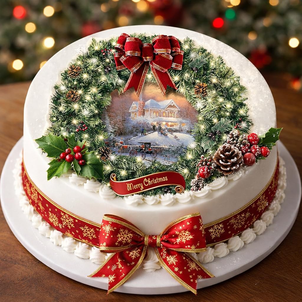 Christmas Vintage Traditional Style Wreath on Decor Icing Sheet Edible Cake Topper - Perfect for Decorating Larger Cakes