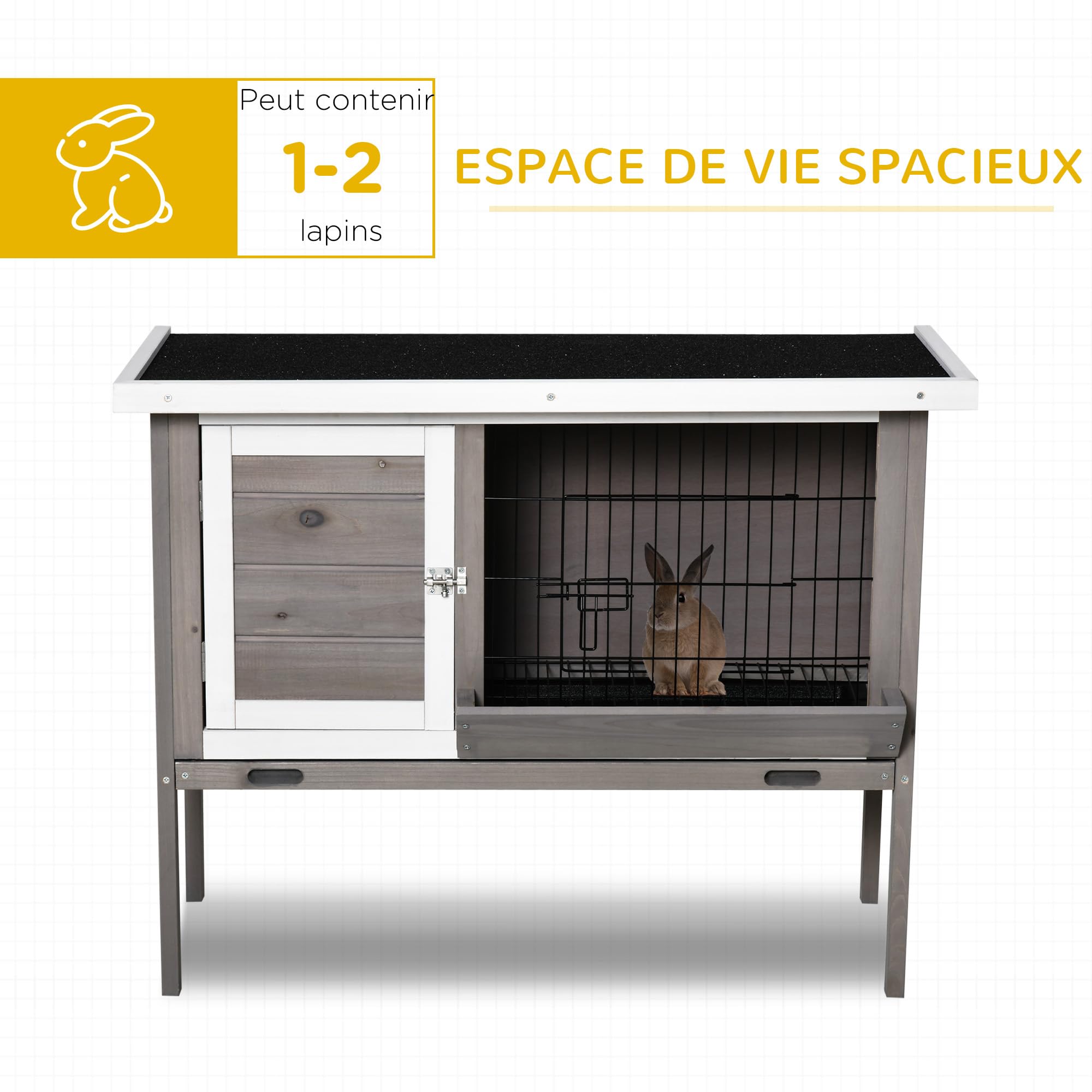 PawHut Clapier en Bois pour Lapin avec Mangeoire 91 x 46 x 71 cm Gris