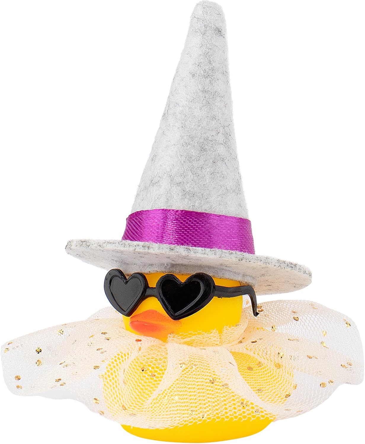 wonuu Car Dashboard Rubber Ducks for Halloween, Decorations Duck for Office Desk Ornament Accessories with Witch Hat Black Heart Glasses Skirt, for Halloween Party Gifts (White Gold Spots)