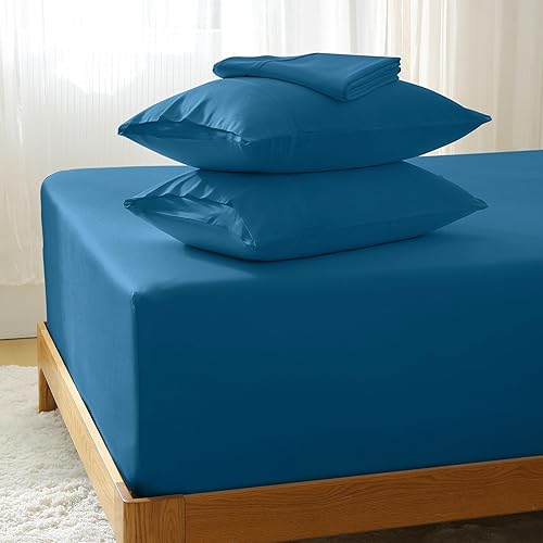 GOKOTTA Sábanas de bambú de lujo con correas elásticas en las esquinas, bolsillo extra profundo de 24 pulgadas, enfriamiento para personas que