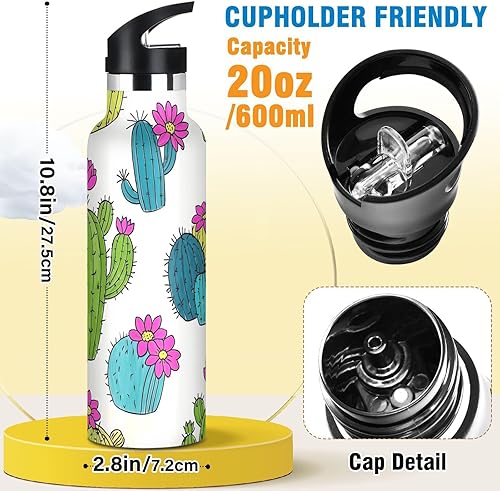 Miniatura 2 de Botella de agua reutilizable con aislamiento al vacío de doble pared para viajes y deportes, diseño de cactus de dibujos animados, verde y blanco, a