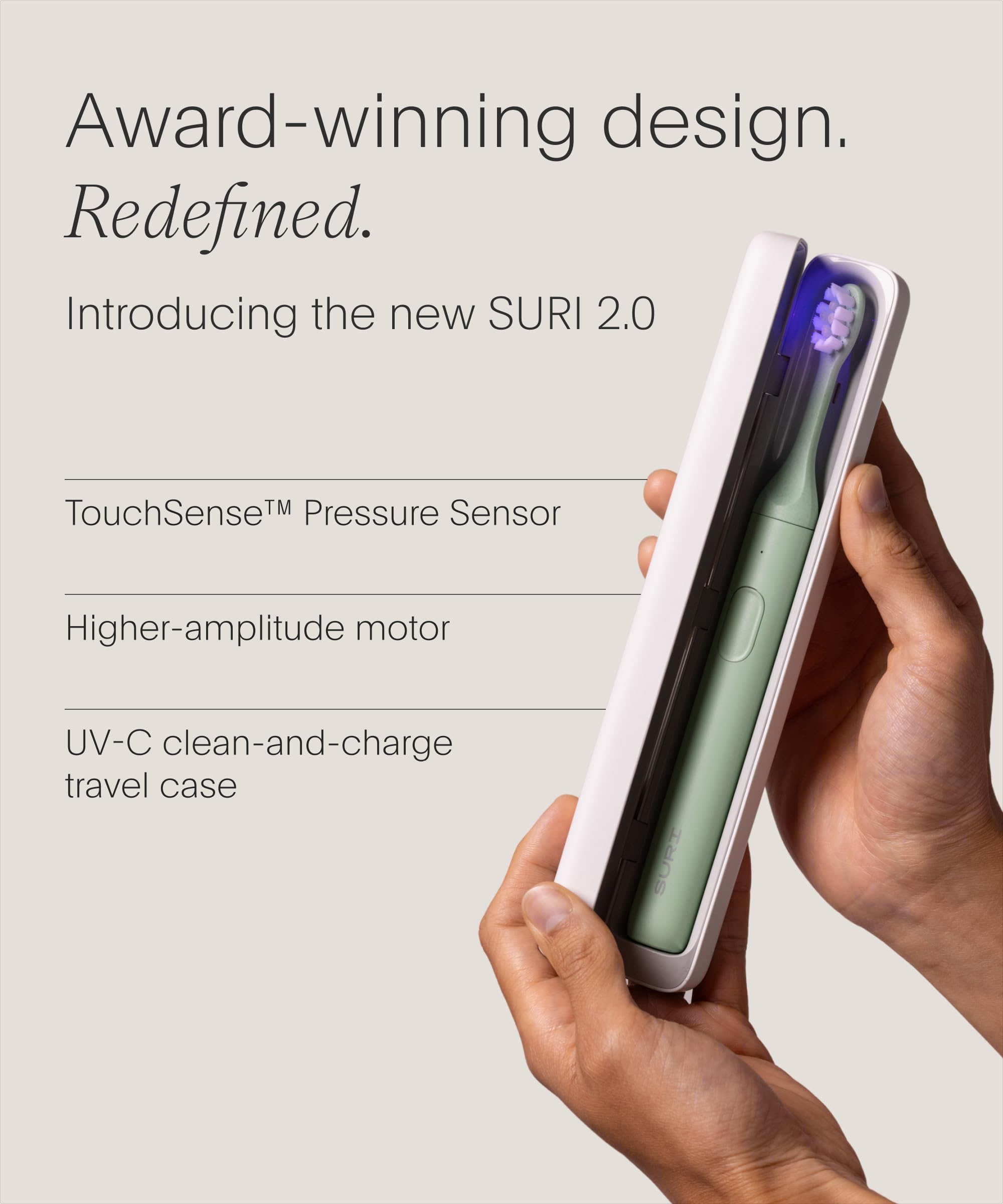 SURI 2.0 New Sonic Electric Toothbrush with Pressure Sensor & UV-Cleaning Travel Case | 1 Month+ Battery | Electric Toothbrush for Adults | Travel Toothbrushes | Tooth Brush | Green