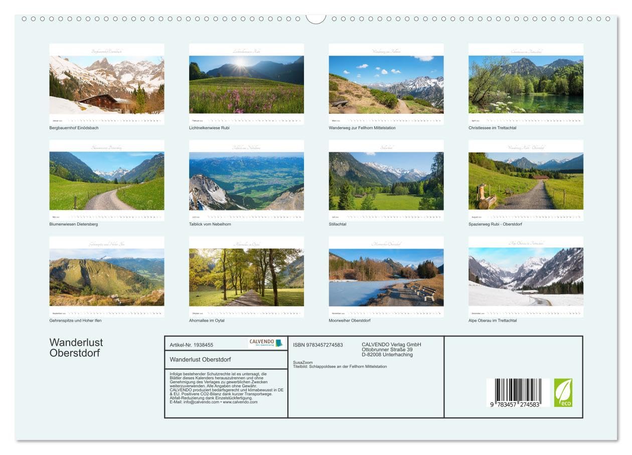Wanderlust Oberstdorf (hochwertiger Premium Wandkalender 2026 DIN A2 quer), Kunstdruck in Hochglanz: Ausflugsziele in Allgäuer Landschafts-Idylle (CALVENDO Natur)