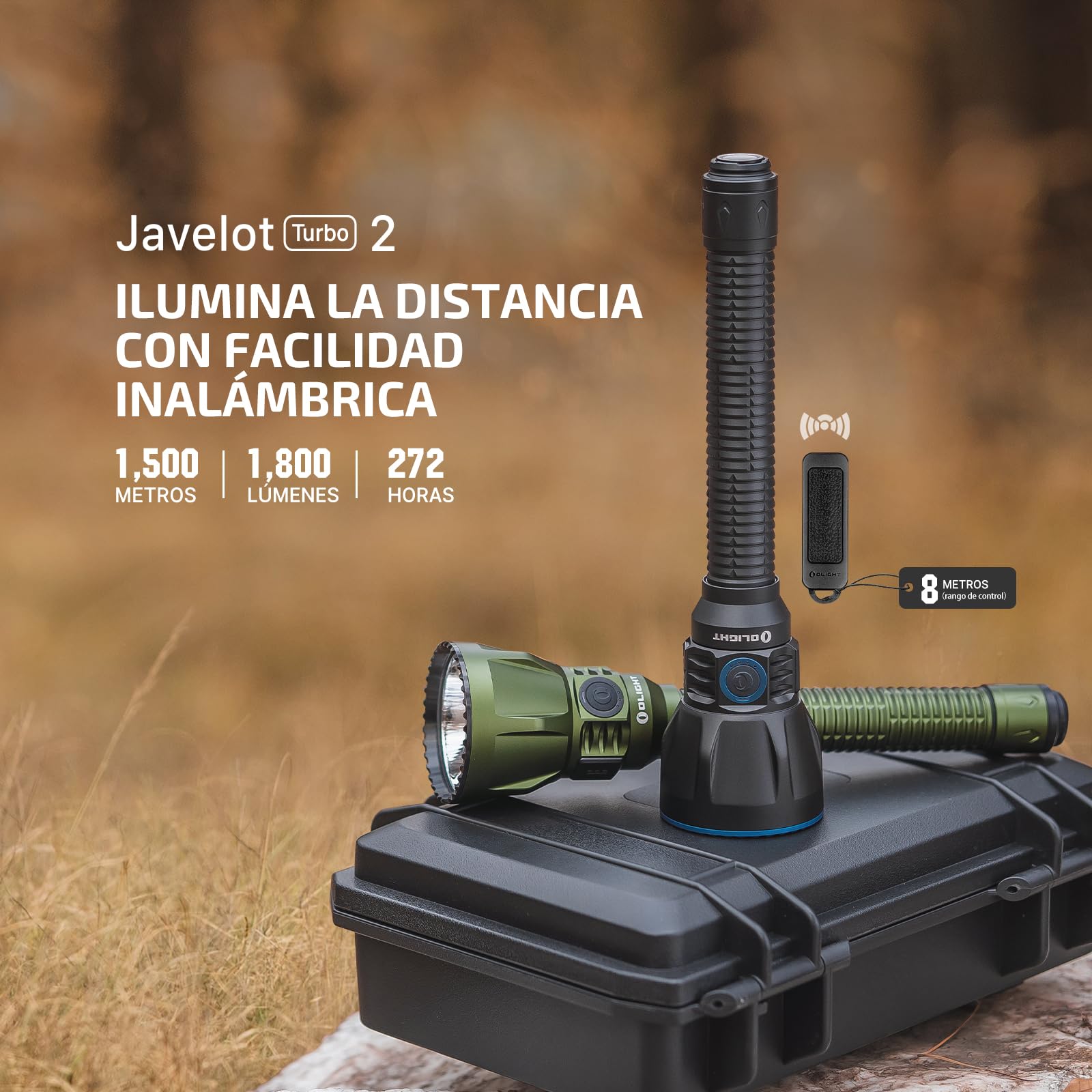OLIGHT Javelot Turbo 2 Kit Linterna Táctica 1800 Lúmenes Controles Remotos | Alcance de 1500 Metros, 272 Horas Autonomía, Filtro Roja y Verde, IPX8, Ideal para Caza, Actividades al Aire Libre y Búsqueda