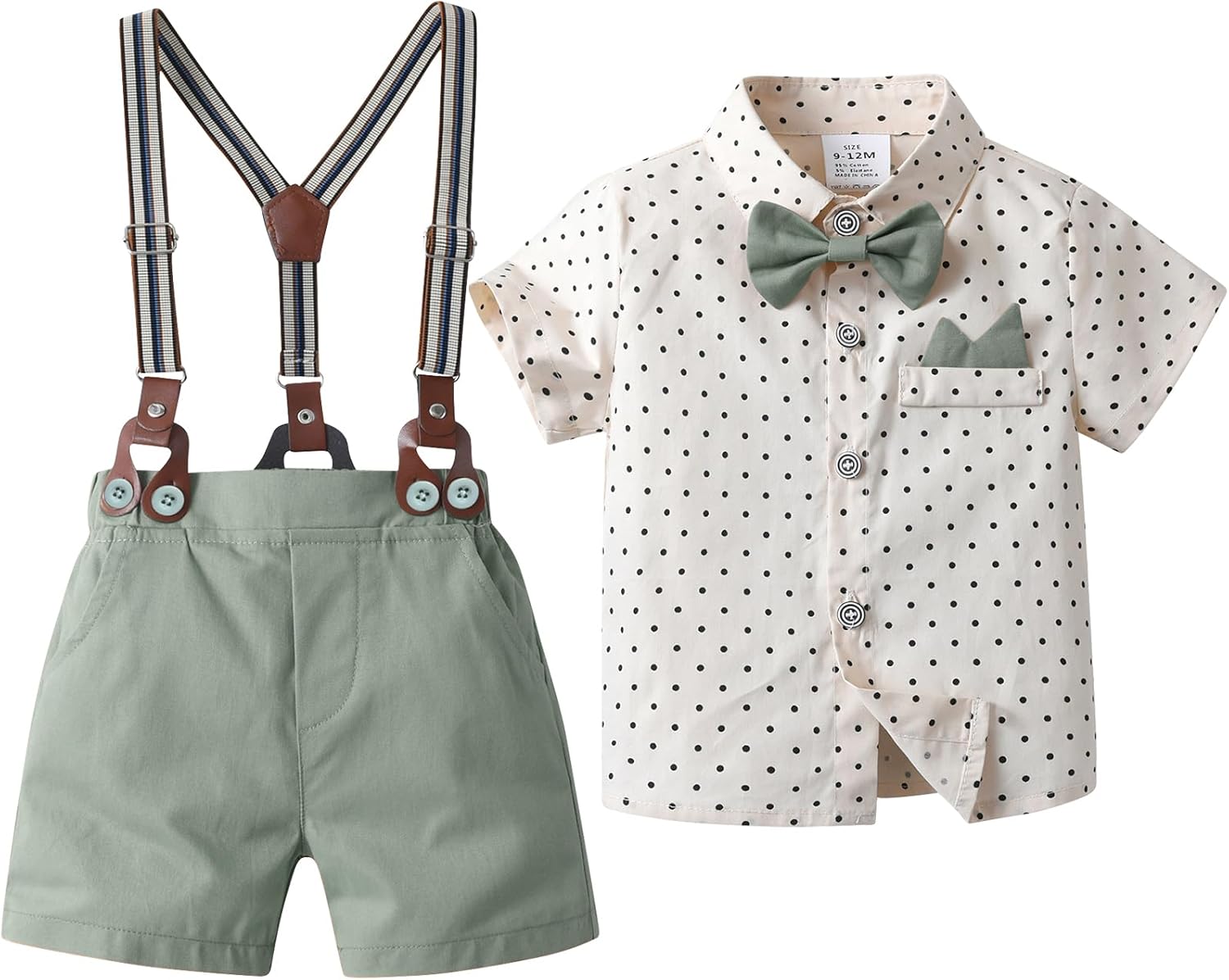 Baby Boys Shorts Sets,Infant Shirt + Shorts + Bow Tie + Suspenders,Toddler Summer Gentleman Outfits Light Khaki+light Green 9-12 Months