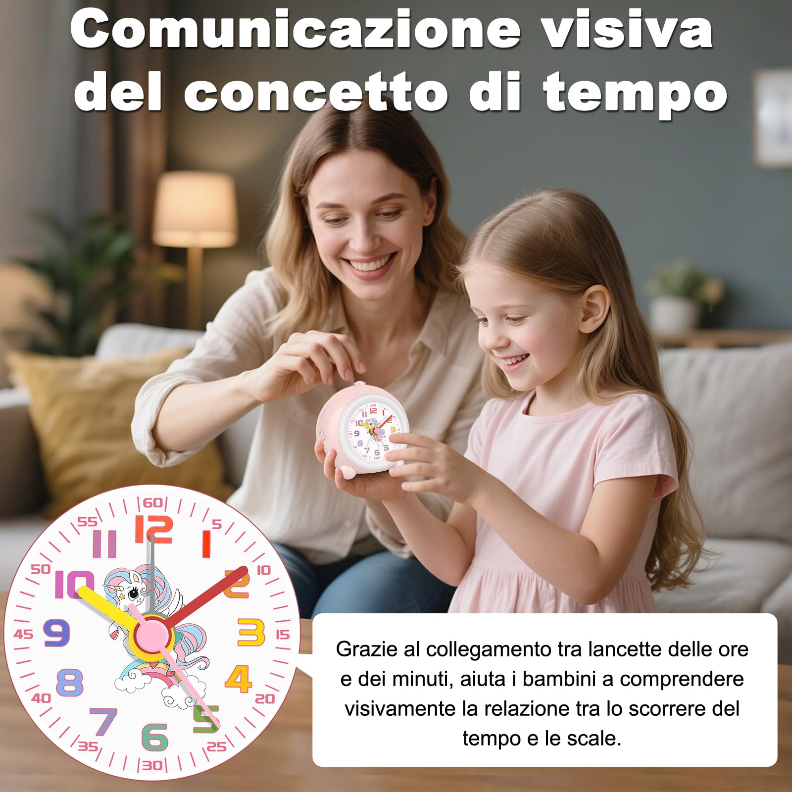 SOCICO Sveglia analogica per bambini ragazze, design unicorno, silenziosa, senza ticchettio, graziosa sveglia analogica pesca, con luce colorata, volume regolabile (rosa pallido)