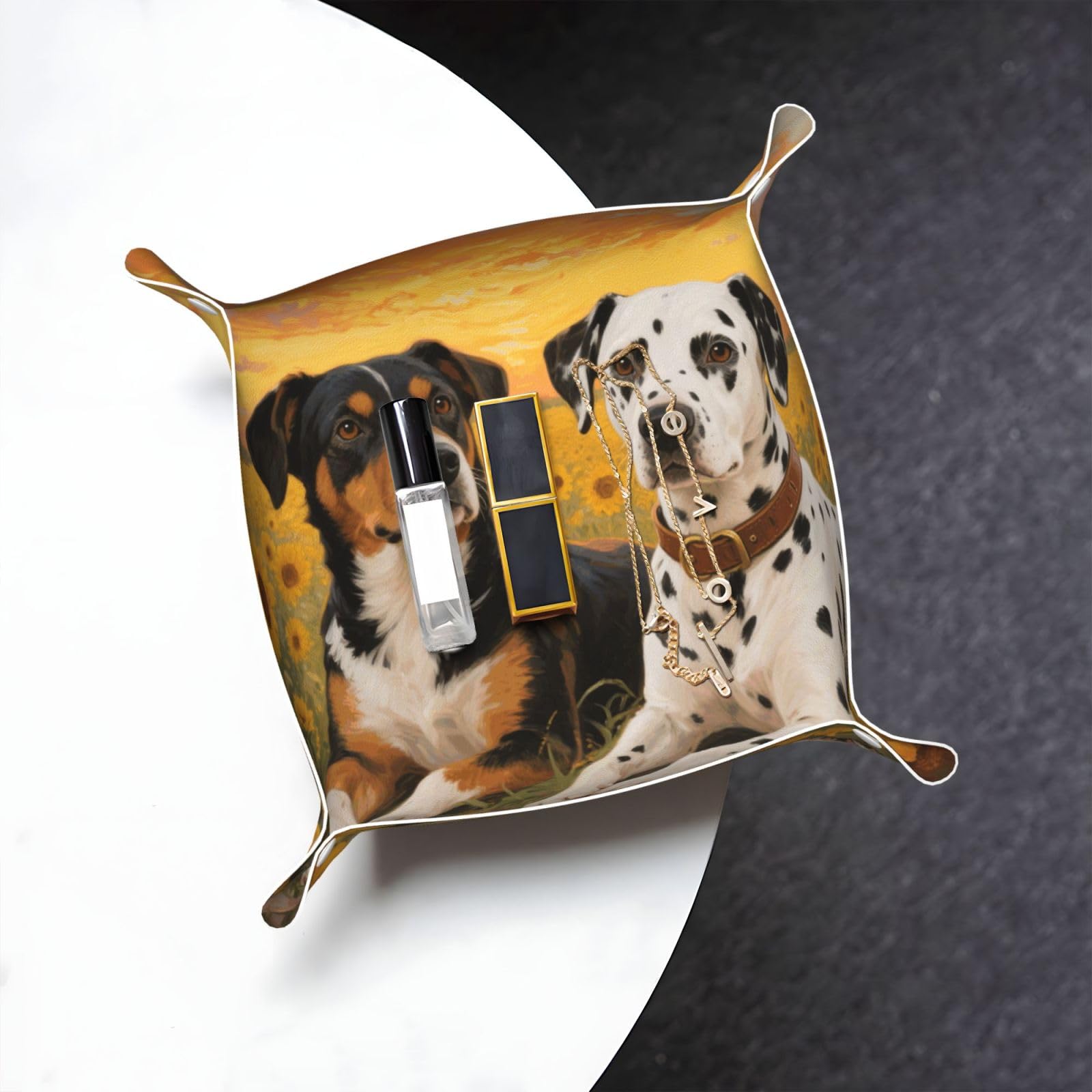 Dog Paint and Sunset Valet Tray Organizer Pu Leather Travel Catchall Tray Organizer Portable Jewelry Tray Storage Keys Tray for Entryway Table Coins Watches Candy