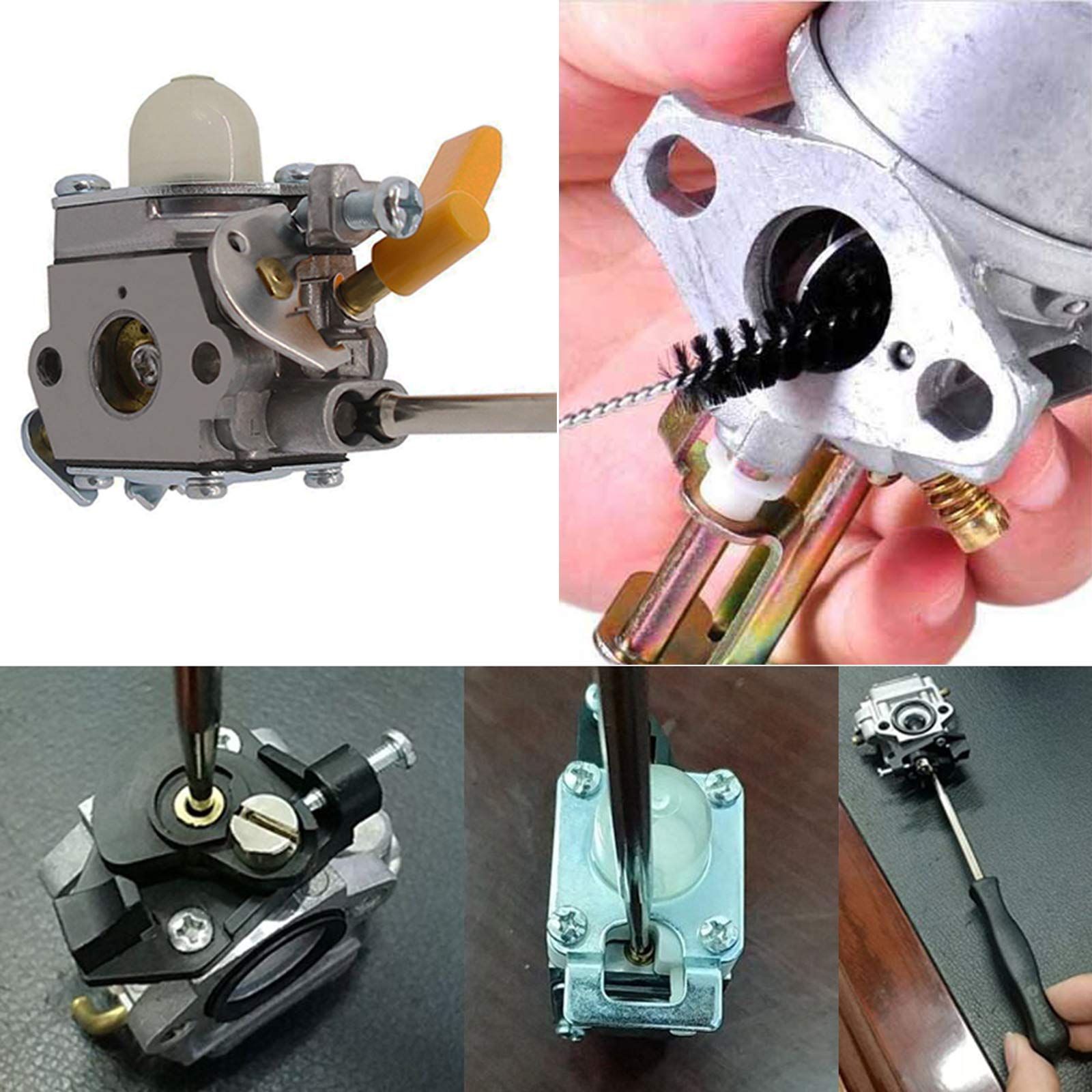 LIYYOO Herramientas de destornillador de ajuste de carburador con kit de aguja de cepillo de limpieza de carburador para carburador común de 2 ciclos, herramienta de ajuste de carburador de motor
