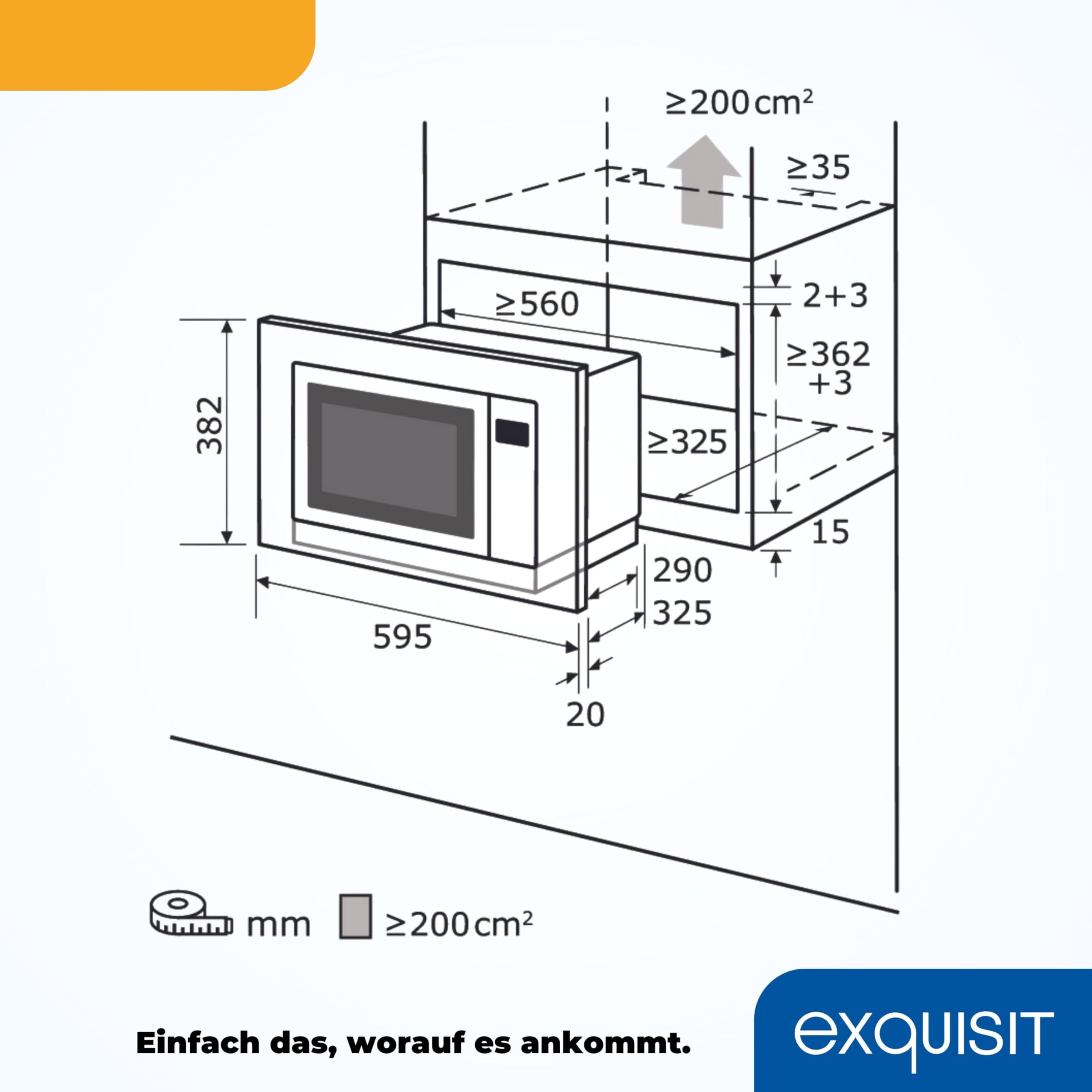 Exquisit Einbaumikrowelle mit Grill, 20 L, 800 W, Inoxlook | Nischenmaß 56 x 36,2 cm - 8 Autokochprogramme - 1000 W Grill - Timer - 5 Leistungsstufen - Drehteller 24,5 cm