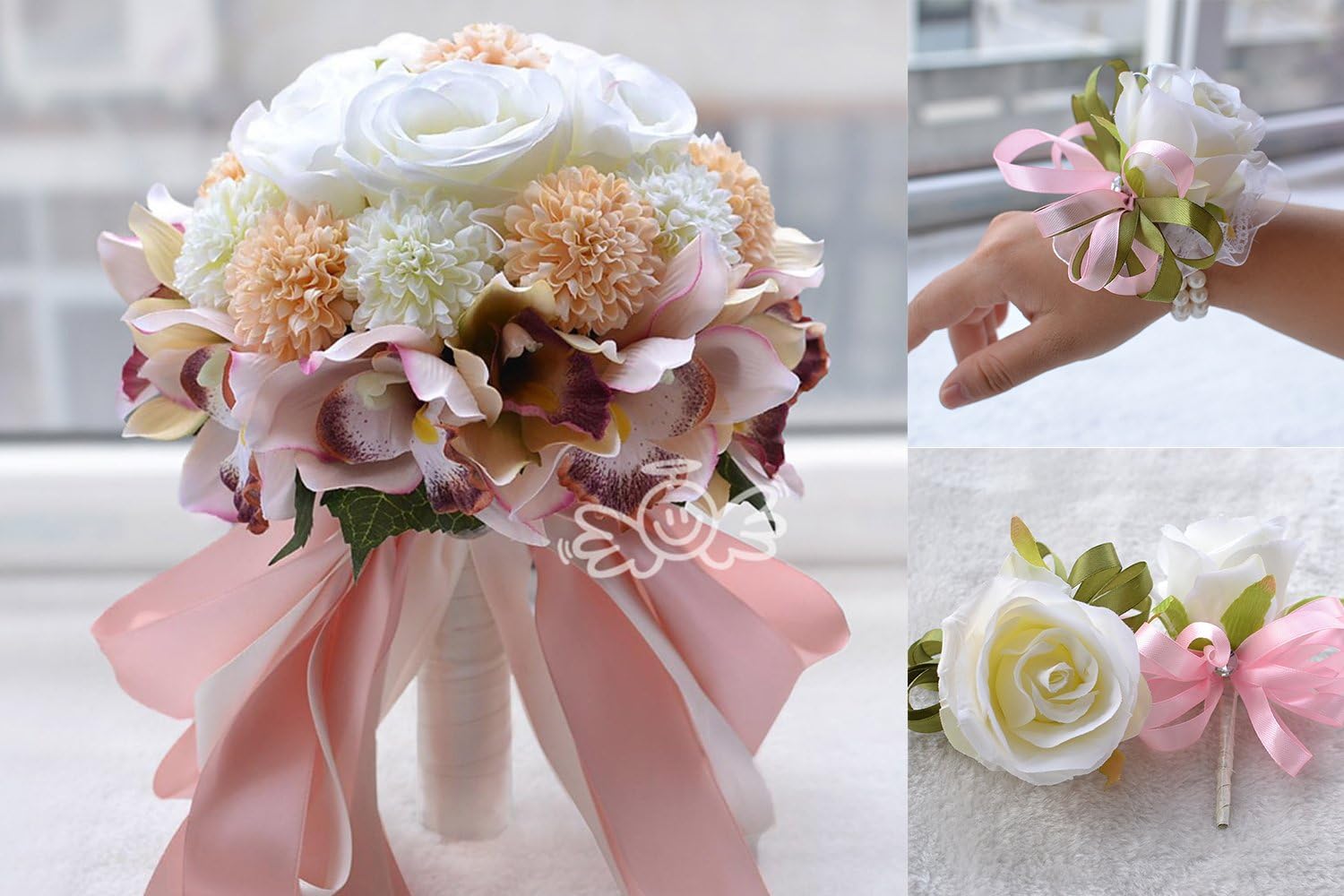 Abbie Home Handmade Rose and Sunflower Real Touch Artificial Silk Flowers Wedding Bouquet Set for Bride, Wrist Corsage and Boutonniere -Champagne