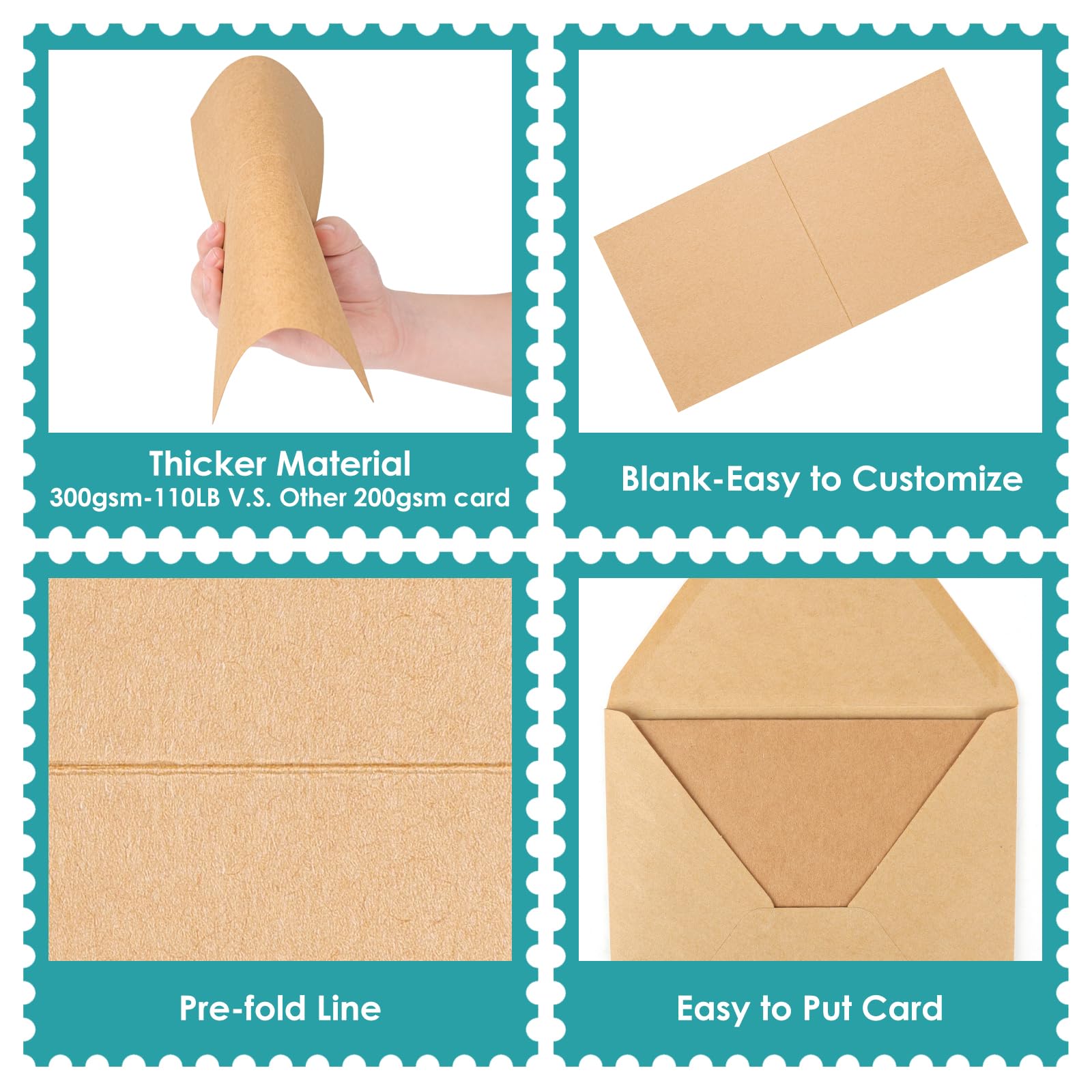 Tarjetas y sobres en blanco de 20 quilates, 15,2 x 15,2 cm, color marrón kraft pesado, 100 libras, sobres cuadrados de papel kraft plegados para tarjetas de felicitación, bodas, invitaciones, baby