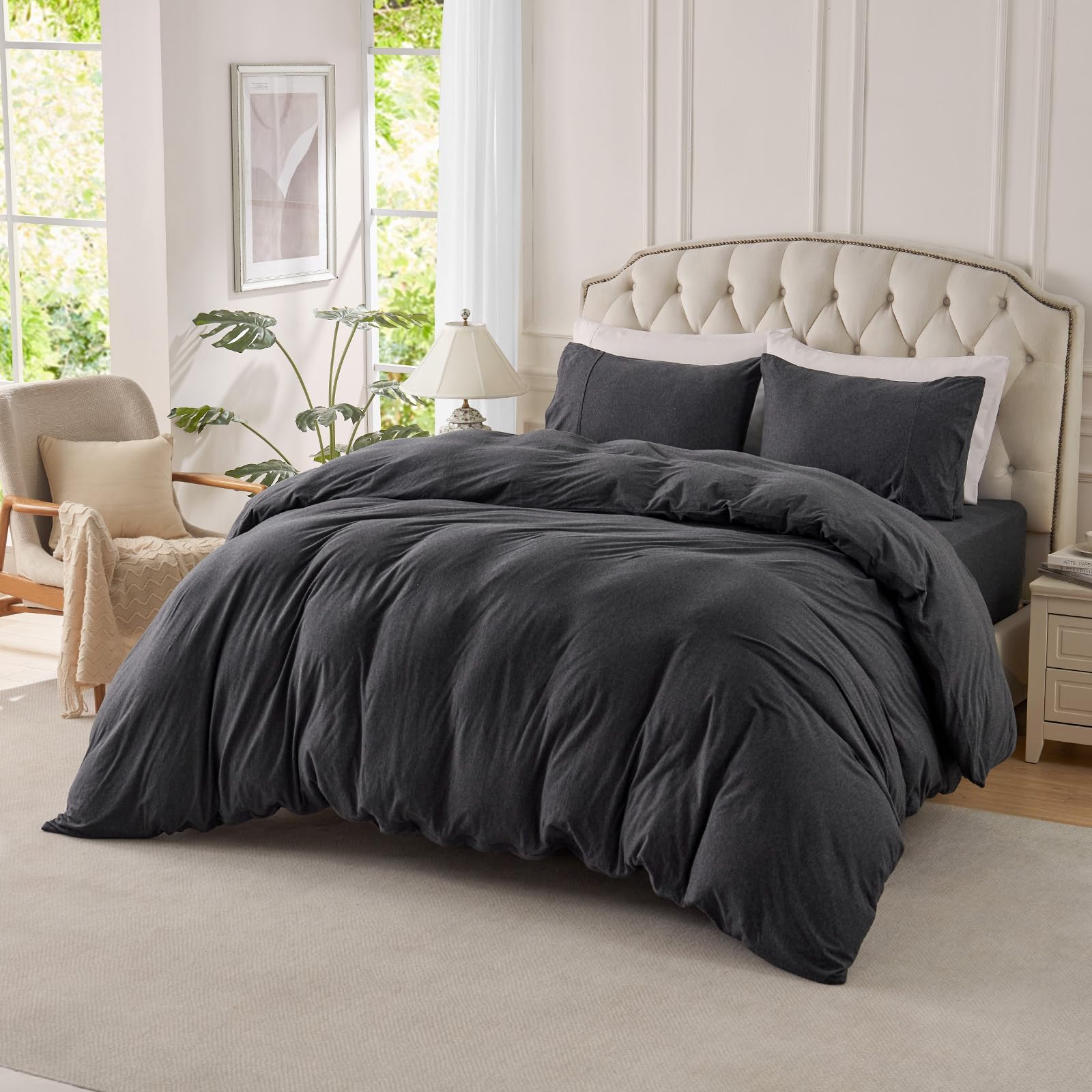 Photo 1 of PURE ERA Jersey Knit Sheet Set Heather Charcoal Grey Oversized Queen