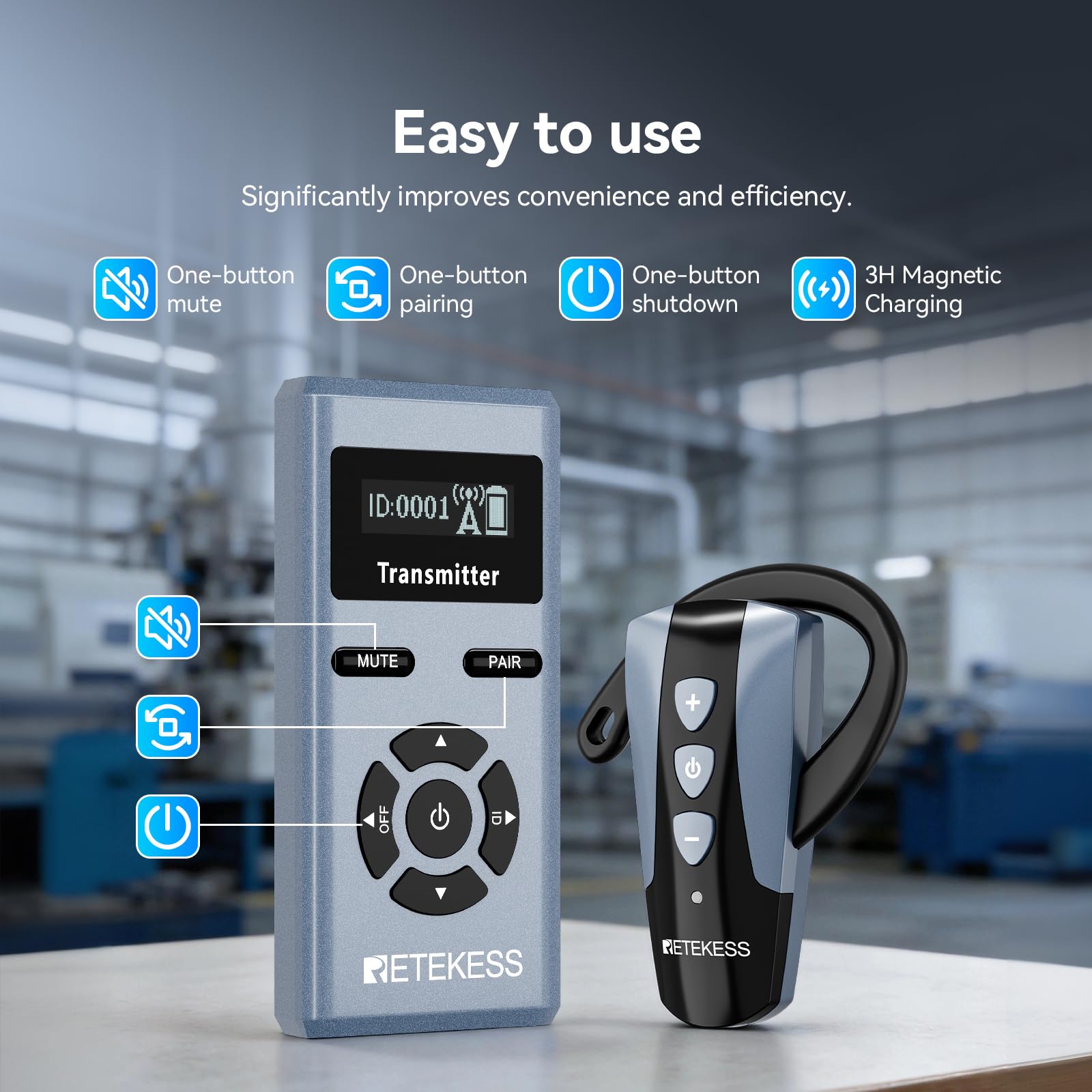 Retekess TT106S Bezprzewodowy System Tour Guide, Słuchawki z Zaczepem na Ucho, 2.4G, 200 m, Port Ladowania USB, dla Grup Turystycznych, Sesje Szkoleniowe (1 Nadajnik, 10 Odbiorników)