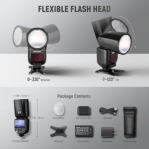 Miniatura 9 de NEEWER Z1-N TTL Flash Speedlite de cabeza redonda para Nikon con difusor de cúpula magnética, 76Ws 2.4G 18000s HSS Speedlight, lámpara de modelado