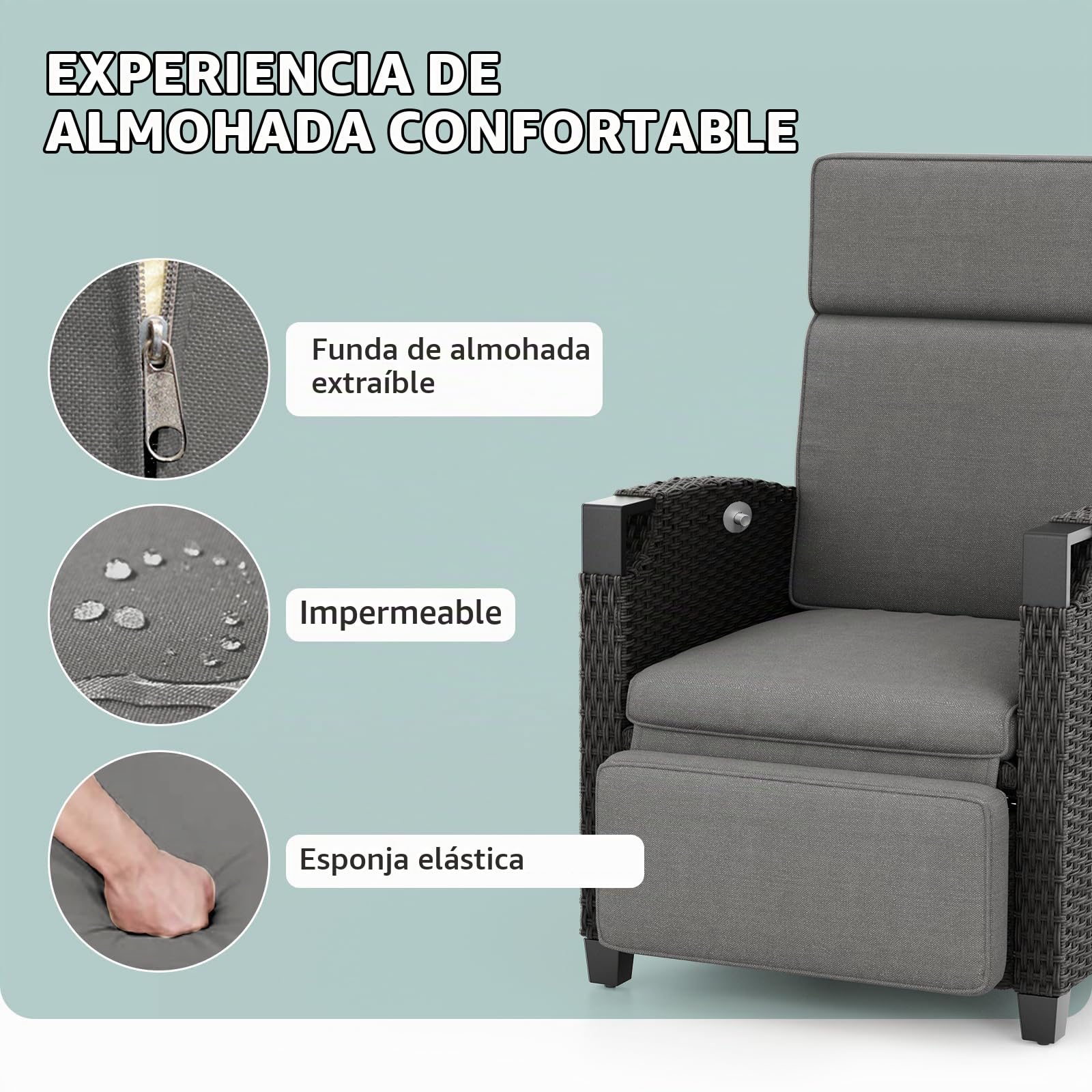 UDPATIO Sillón Ratán Jardin Exterior Reclinable, Tumbona de Jardín Ajustable 150°, con Respaldo Ajustable, Fundas + Extraíbles Cojines, Impermeable, para Interior y Exterior - Gris