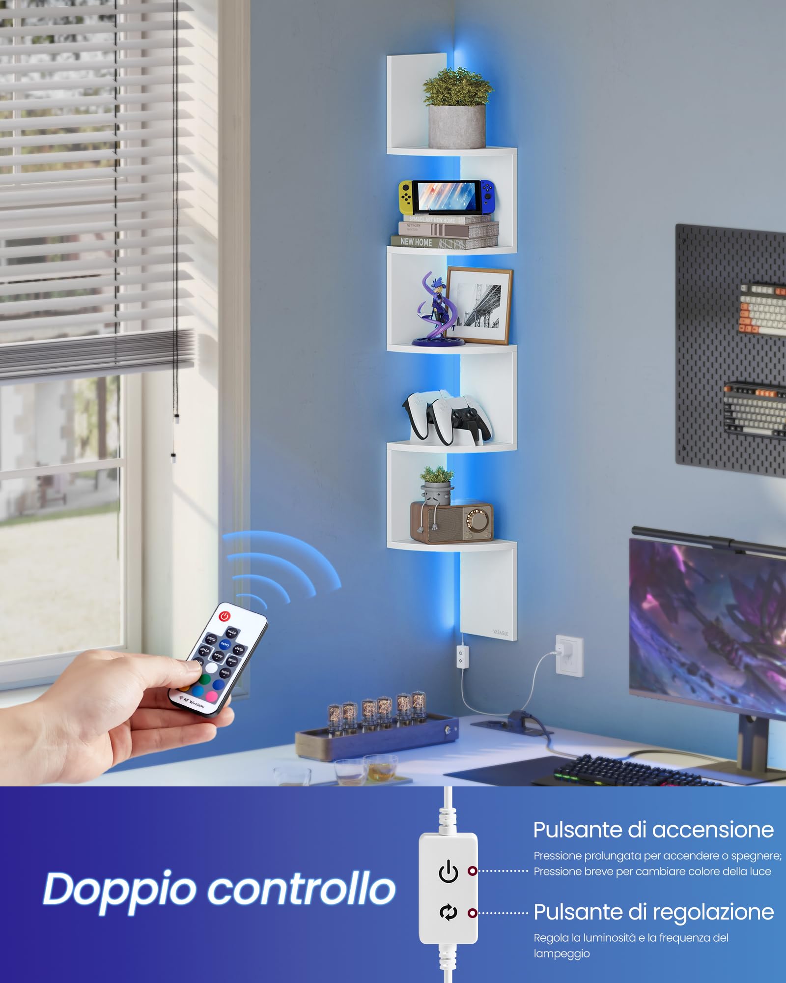 VASAGLE CUSTOS Collezione - Mensola Angolare da Parete con Luci LED RGB, Libreria a 5 Ripiani, per Piante, Camera da Letto, Soggiorno, Bagno, Ufficio, Pulsante e Telecomando, Bianco Nuvola LBC630W01