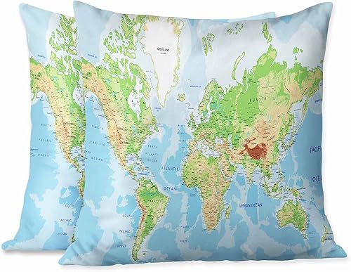 Beabes Juego de 2 fundas de almohada decorativas con diseño de mapa del mundo, geografía terrestre y marítima con etiquetado, para el hogar, sofá,