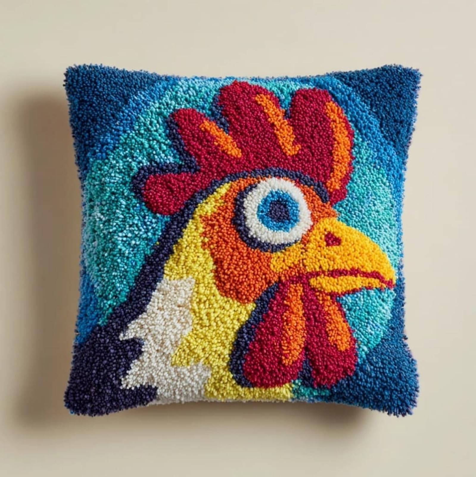 AxiangziK Latch Hook Kits for Adults,Cartoon Rooster Latch Hook Pillow Kits 17X17 Inches DIY Needlework Crafts Everything Included Gift for Family Friends