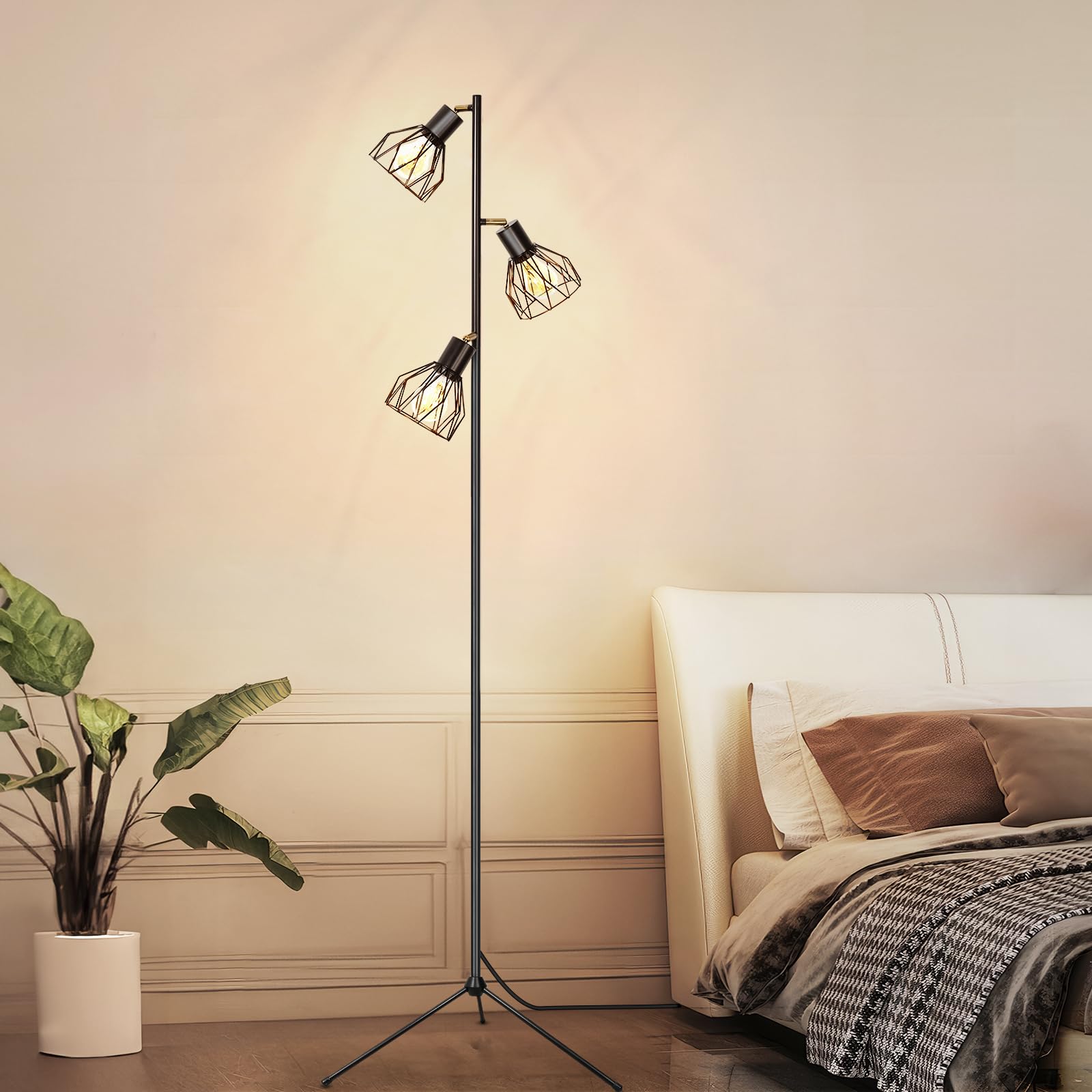 Lámpara de Pie Salón LED Modernas Lámpara de Pie Lectura Industriales Regulables Negra E27 Lámpara de Pie Vintage con 3 Luces y Trípode Lámpara de Pie Alta para Sala de Estar y Dormitorio