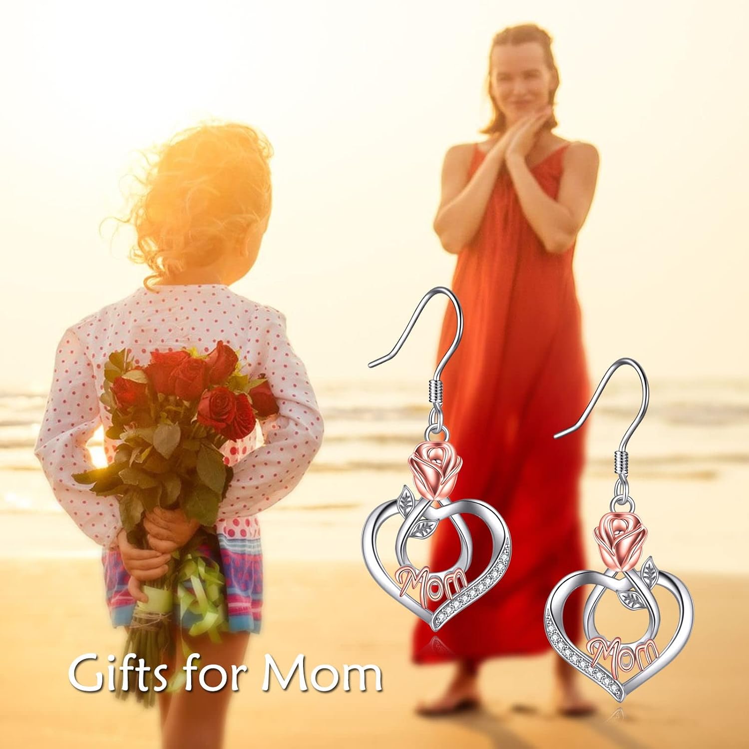Mothers Day Gifts for Mom Mom Earrings with Rose Flower Love Heart 925 Sterling Silver Crystal Dangle Drop Hook Earrings Jewelry