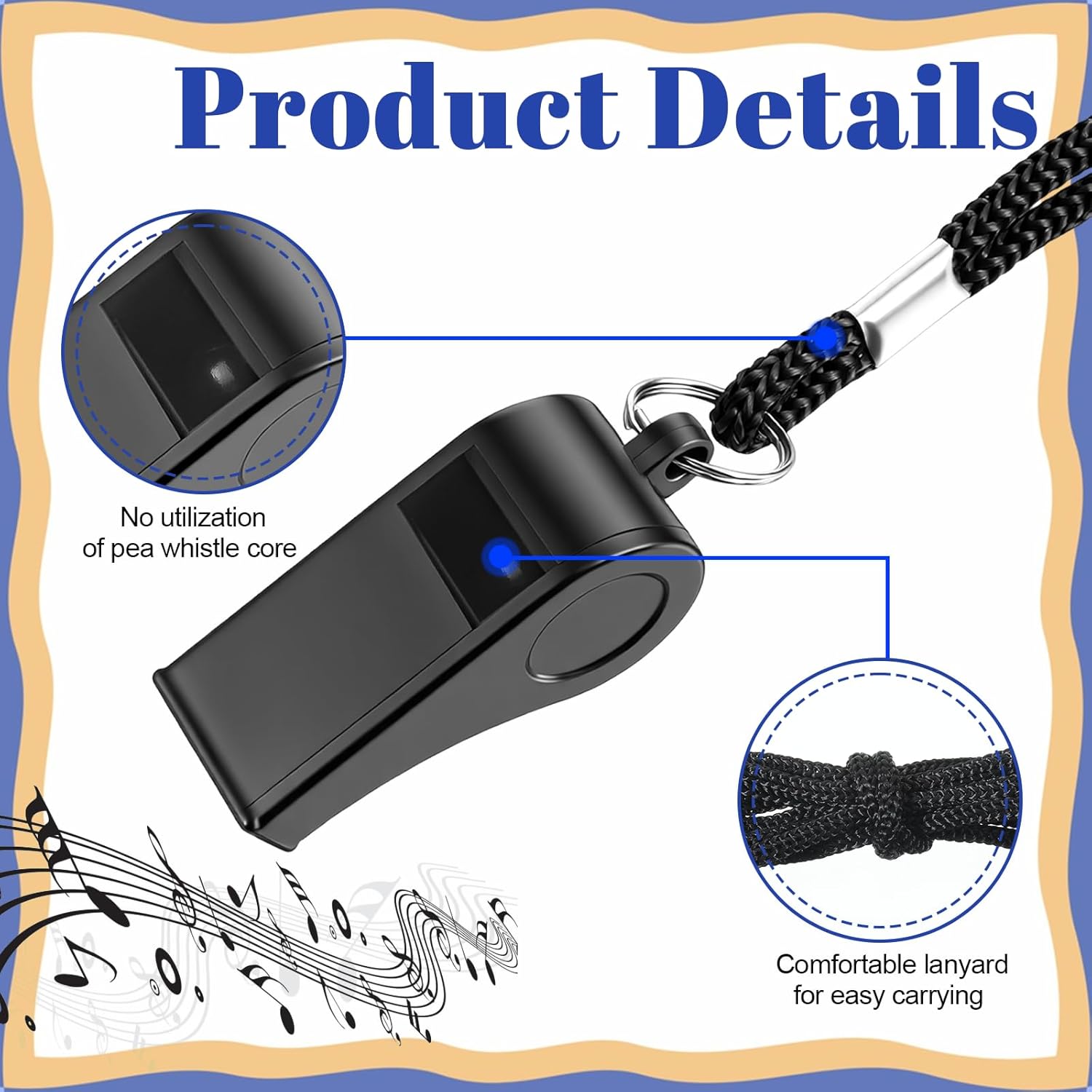 50 Pcs Whistles Bulk with Lanyard, Black Plastic Sports Whistles Reusable Loud Sound Whistle for Coaches, Referees, Outdoor Sports