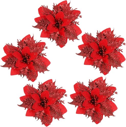 Miniatura 5 de TOYANDONA 24 Pieces Christmas Glitter Poinsettia Flowers Christmas Tree Ornaments Artificial Flowers for Christmas Wreath Decoraiton (Red)