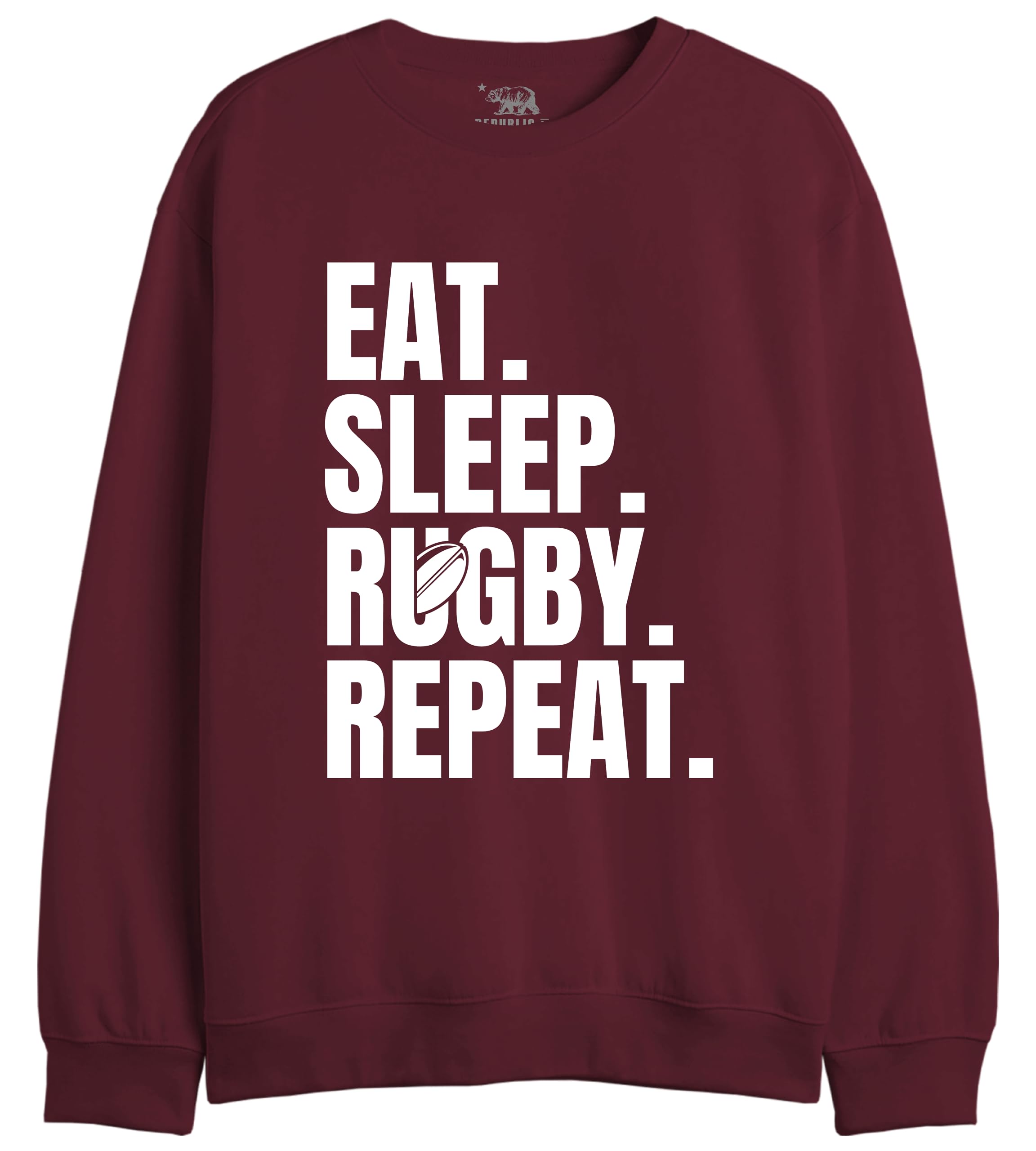 REPUBLIC OF CALIFORNIA Eat, Sleep, Rugby, Repeat UXREPCZSW042 Men's Sweatshirt, Burgundy, S, Burgundy, S