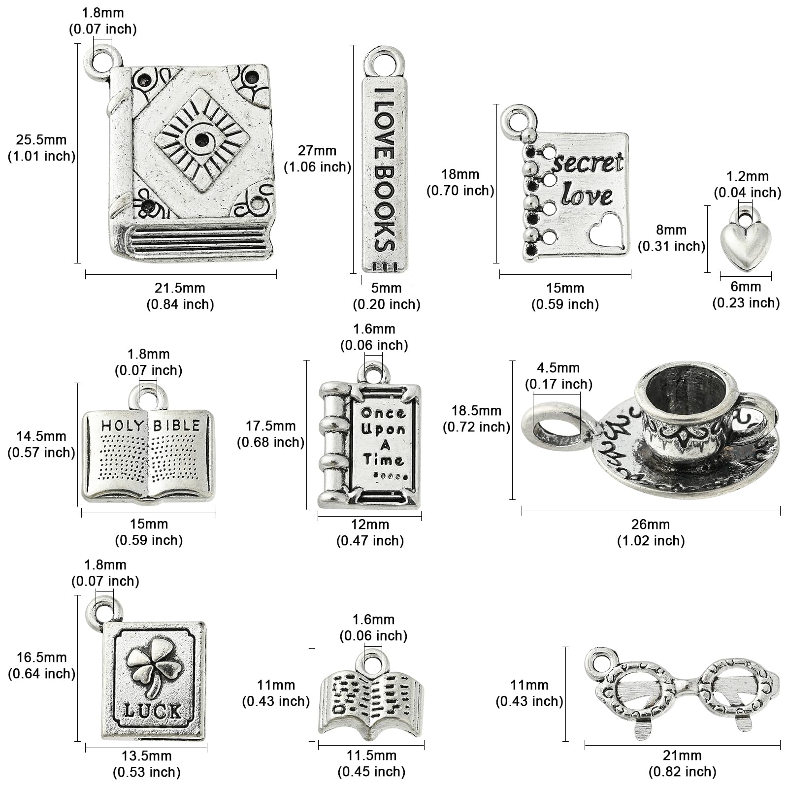UR URLIFEHALL 50 Pcs 10 Styles Tibetan Style Librarian Charms Antique Silver Coffee Cup Glasses Book Charms for Jewellery Crafting Making - Image 2