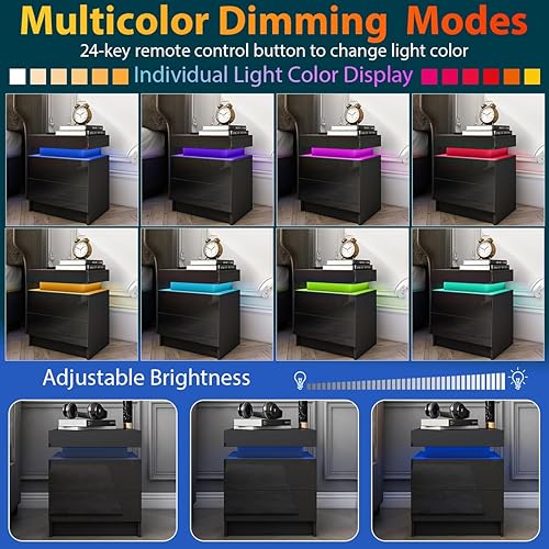 Miniatura 4 de HOMMPA Juego de 2 mesitas de noche LED negras con luces LED, moderna mesita de noche con 2 cajones de alto brillo, mesita de noche LED inteligente