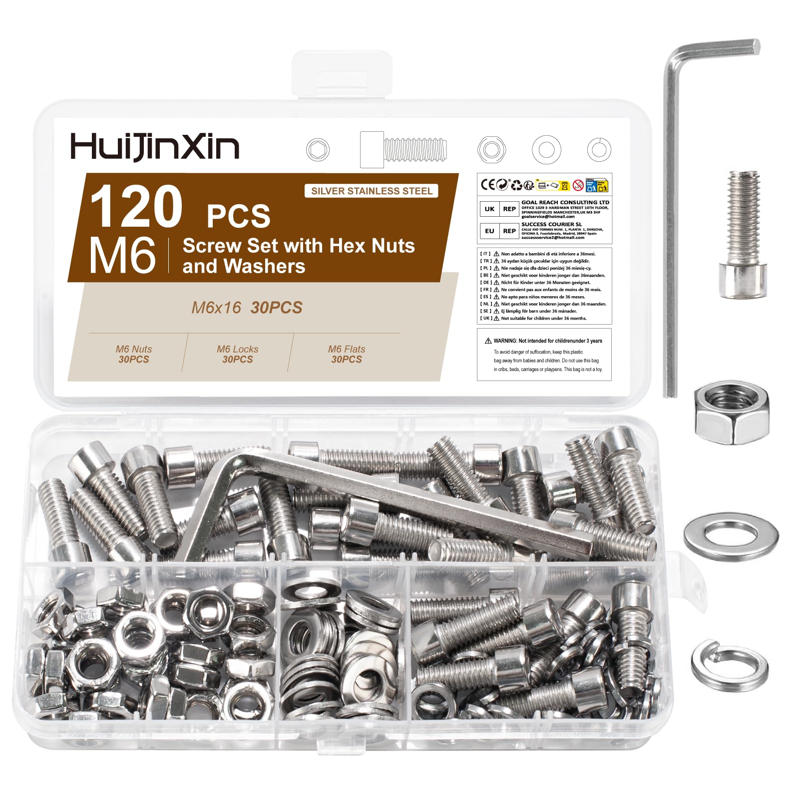 120 Pcs M6x16mm Bolts Set, Machine Screws Nuts and Bolts Assortment, Stainless Steel Hex Socket Head Cap Screws Bolts and Nuts Set, Hex Socket Screw with Lock & Flat Washers Sets