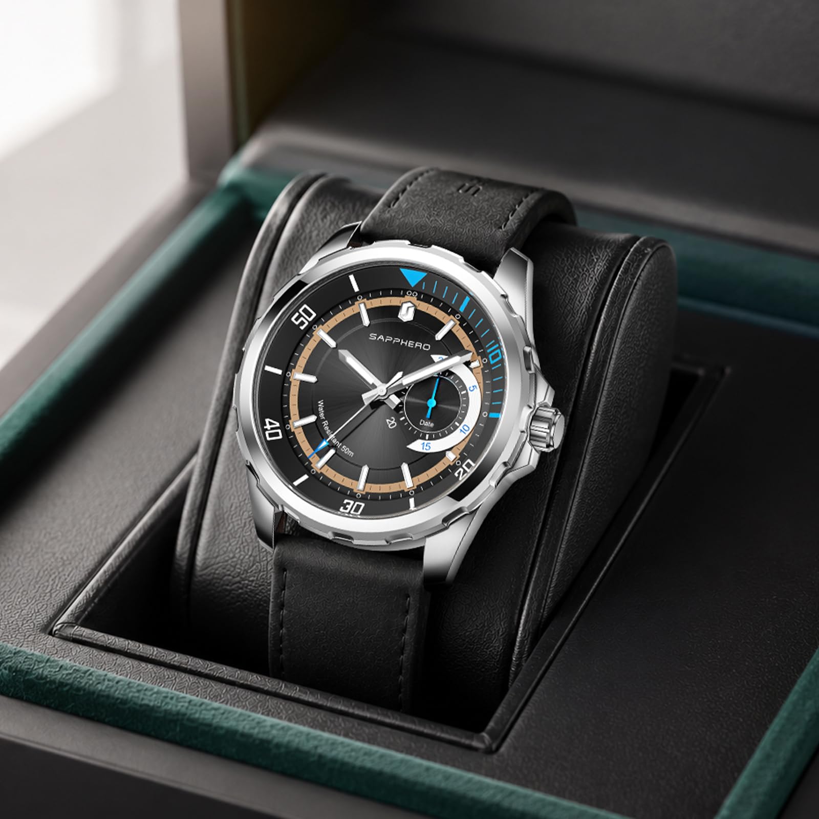 SAPPHERO Orologio analogico al quarzo da uomo, quadrante con datario e numeri arabi, impermeabile 50 m, luminoso, stile business e sportivo, cinturino in acciaio inox e pelle, elegante regalo per lui