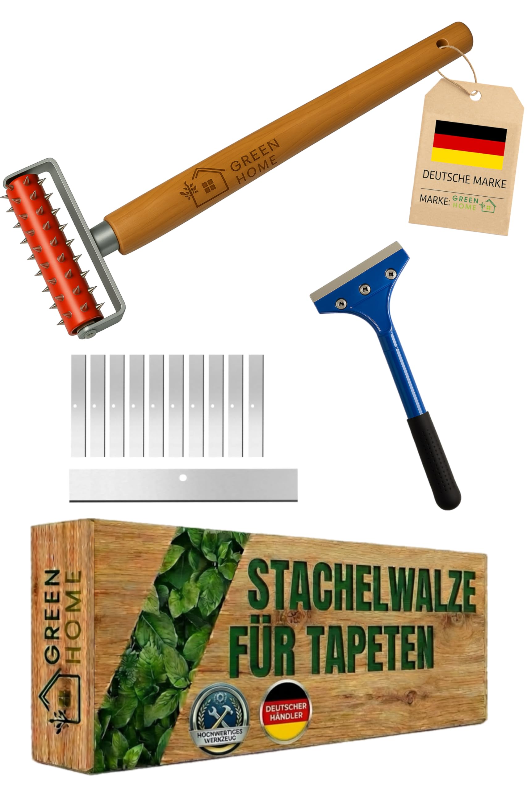 Green Home Tapetenigel Stachelwalze 150×500 mm | Nagelroller zum Tapeten Entfernen inkl. Tapetenschaber & 10 Ersatzklingen | Stachelroller Perforierwalze Renovierung Werkzeug