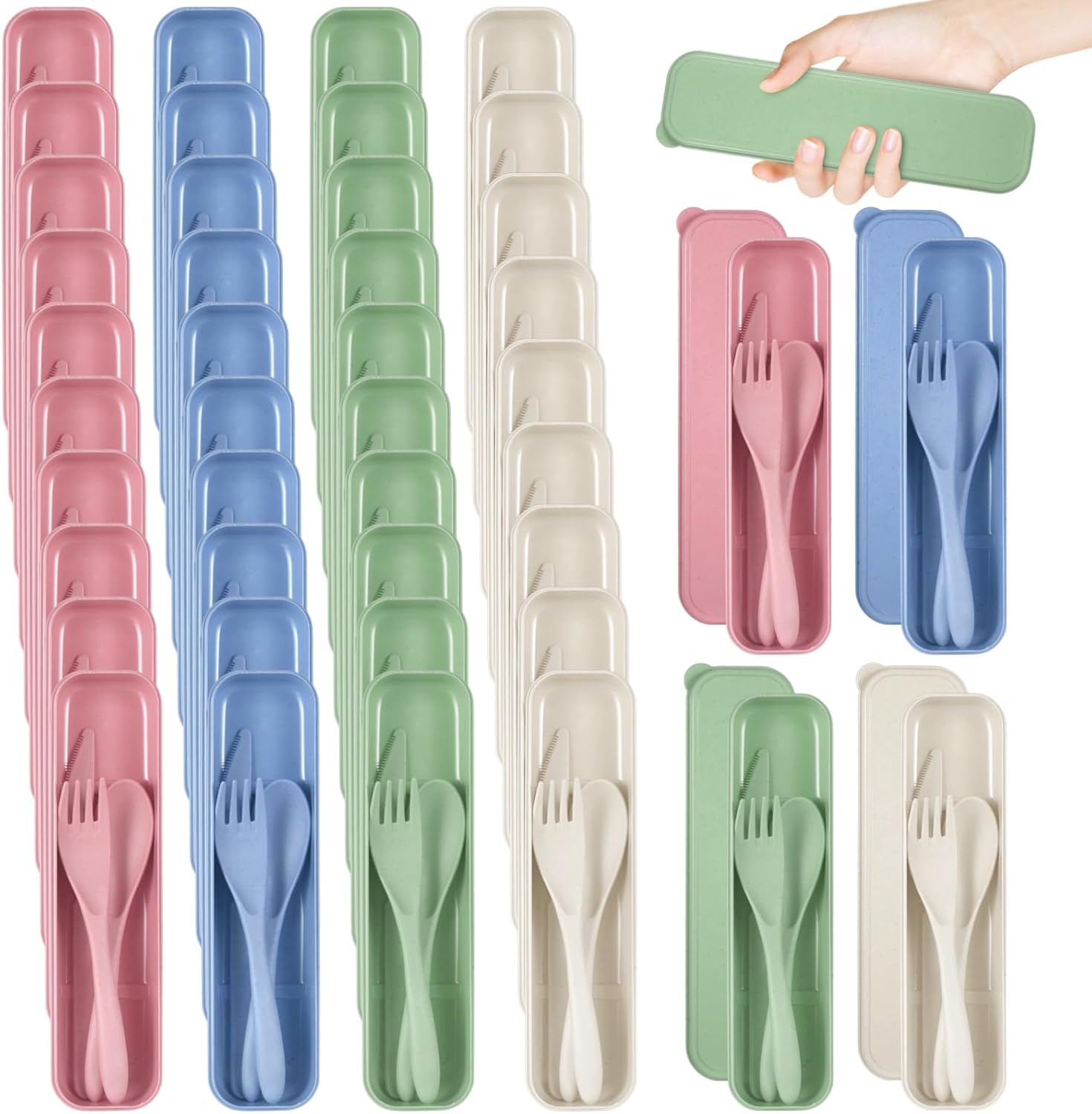 50 Sets Wheat Straw Cutlery, Reusable Travel Utensils Set with Case, Portable Spoon Knife Fork, Lightweight Camping Utensils, 4 Colors Tableware for Home, Office, Outdoor Picnic