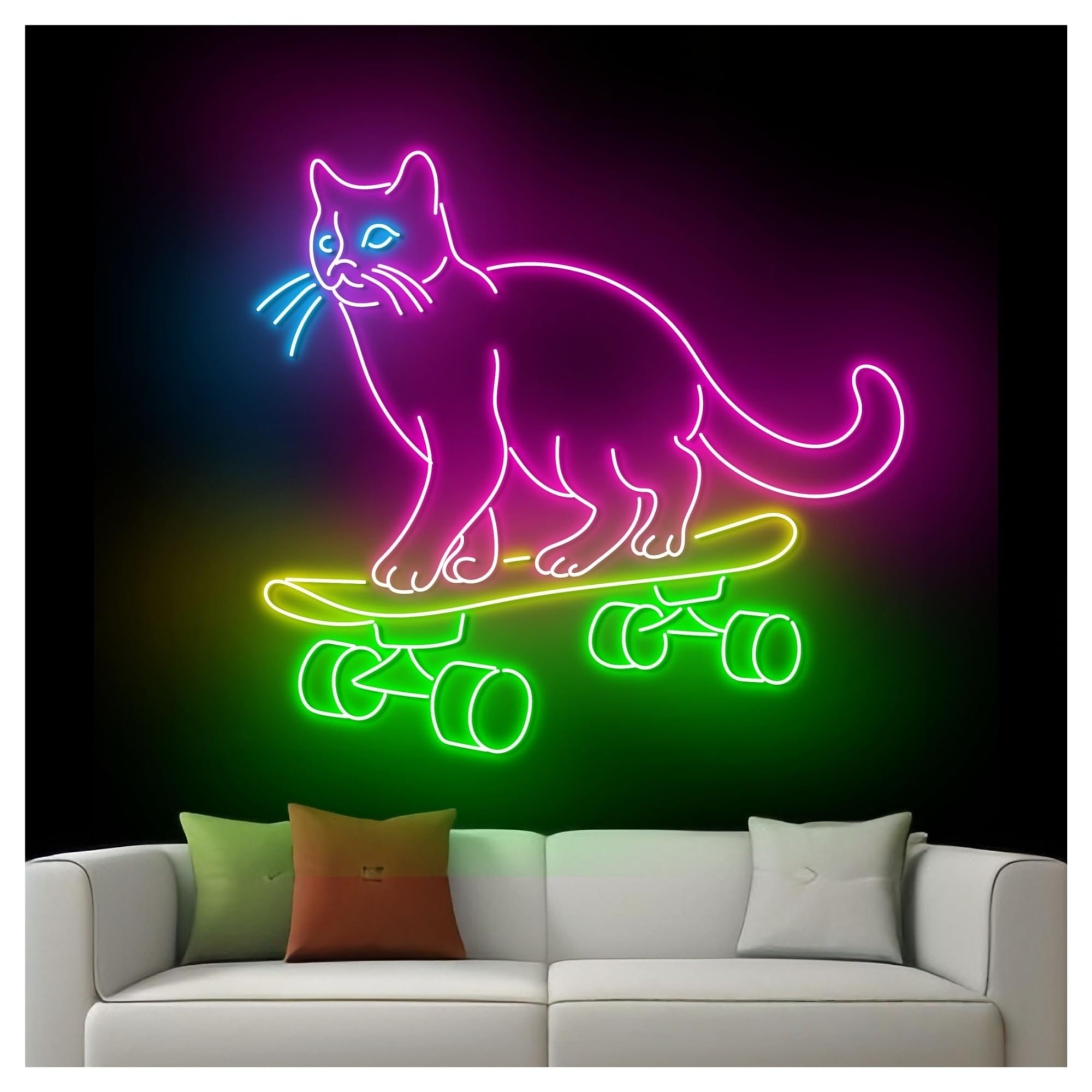 Luces de neón Letrero De Neón Con Diseño Gato Patinando, Luz LED Para Habitación, Decoración Del Hogar, Sala Juegos, Dormitorio, Bar, 63cm