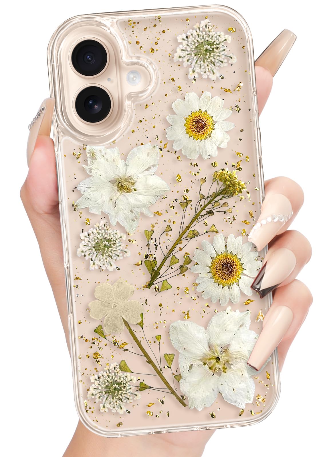 Loheckle for iPhone 16 Case for Women - Girls Cute Glitter Dried Flower Floral Girly Aesthetic Kawaii Sparkle
