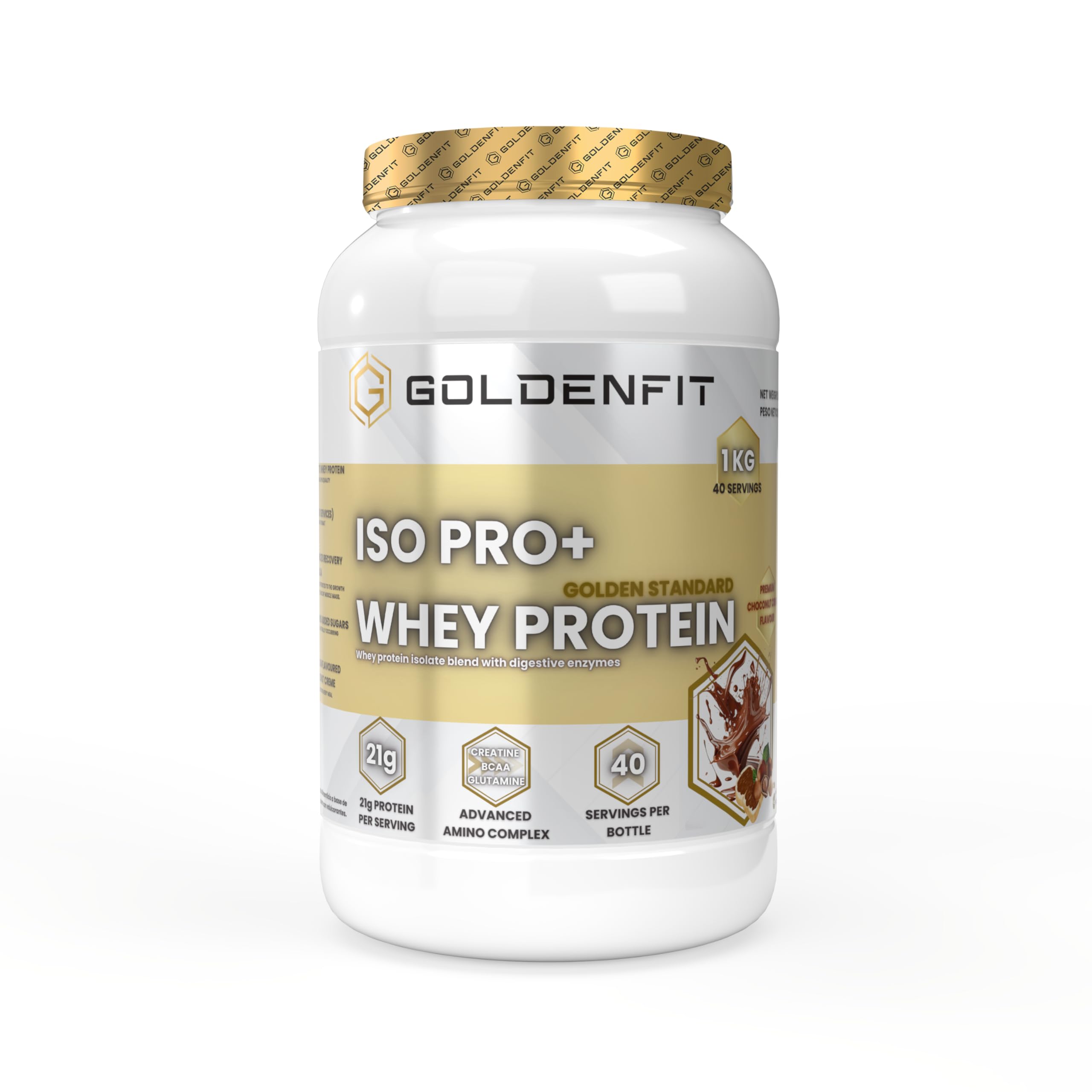 GoldenFit ISO PRO+ Proteína Whey Isolate Choconut 1kg — Aislada de Suero 84%, 21g de proteína por dosis (40 dosis) con BCAA, glutamina, creatina y enzimas digestivas