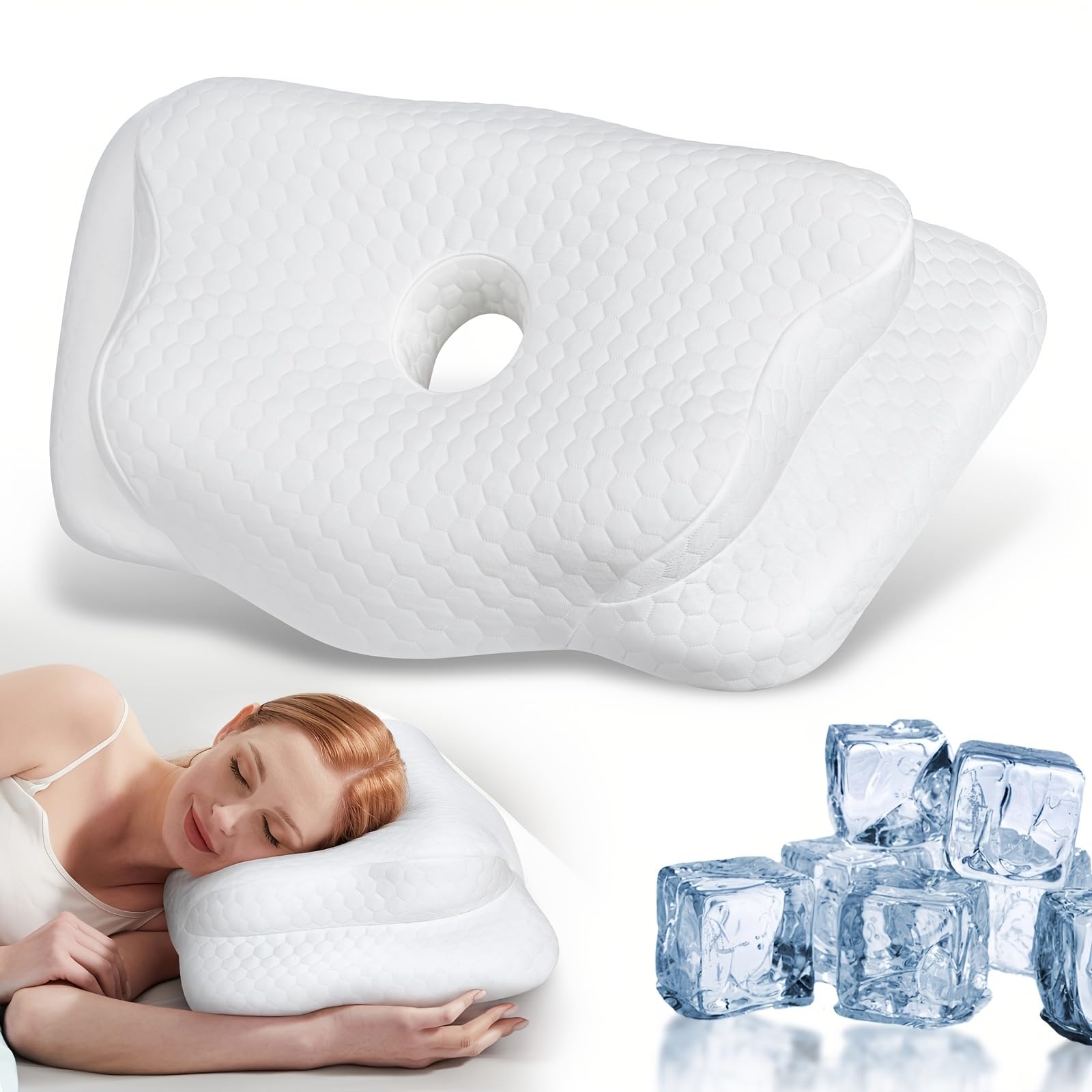 Memory Foam Cervical Neck Pillow Ergonomic Butterfly Shape with Central Airflow Hole Cooling Ventilation Moisture-Wicking Cover Contoured Support