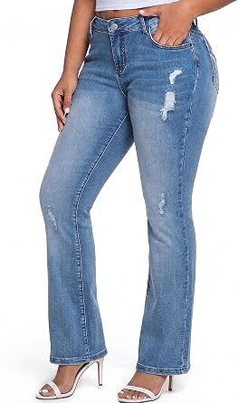 Women's Mid Rise Bootcut Jeans, Stretch Comfortable Denim Pants, Ripped Distressed Jeans for Women Casual Daily Wear, Flattering Bootcut Leg Opening