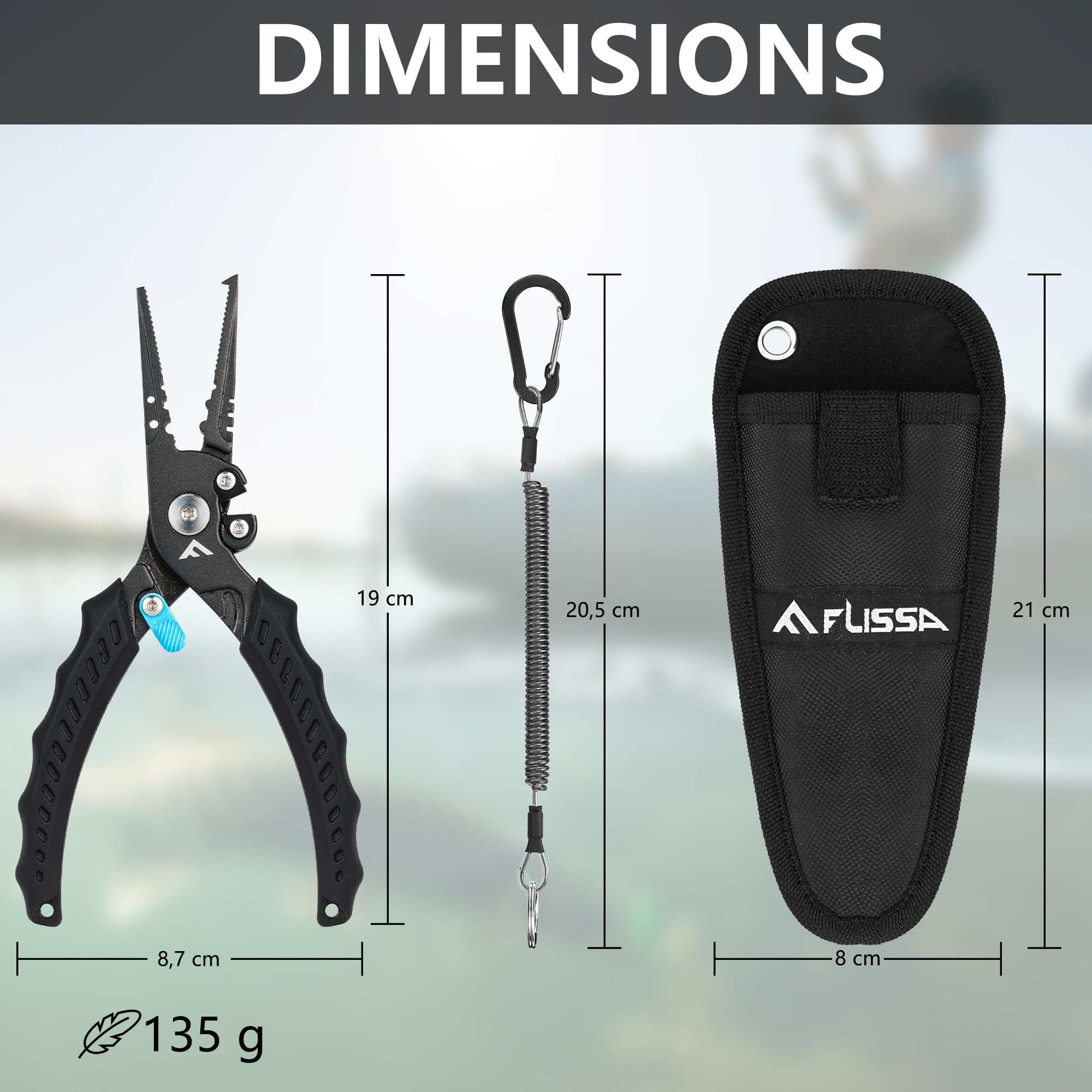 FLISSA Pince de Pêche Multifonction, Pince Pêche 19 cm en Acier Inoxydable, Poignée TPR Antidérapante, Verrou de Sécurité, Mousqueton & Étui, Idéale Pêche Mer & Eau Douce