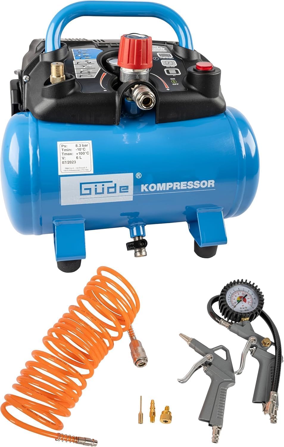 Güde Kompressor Airpower 190/08/6 (ölfrei, max. Druck 8 bar, Kessel 6 l, 1100 W, eff. Liefermenge 145 l/min, Druckminderer/Manometer/Kondensatablassschraube, inkl. 6-tlg. Zubehör, Testnote SEHR GUT)