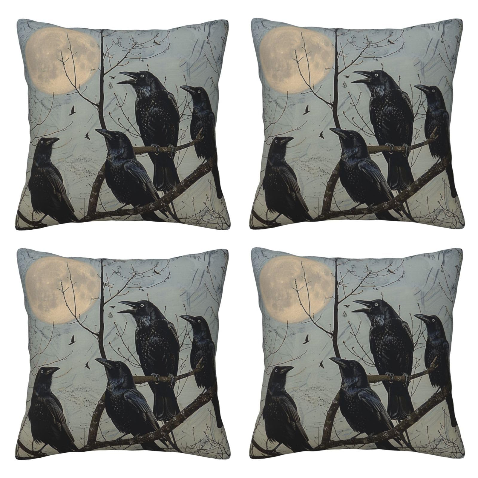 Black Crow Birds Throw Pillow Cases 4 Pack Square Pillowcases Super Soft Pillow Protectors With Zipper for Couch Livingroom Sofa Bed Office Car,50x50 CM