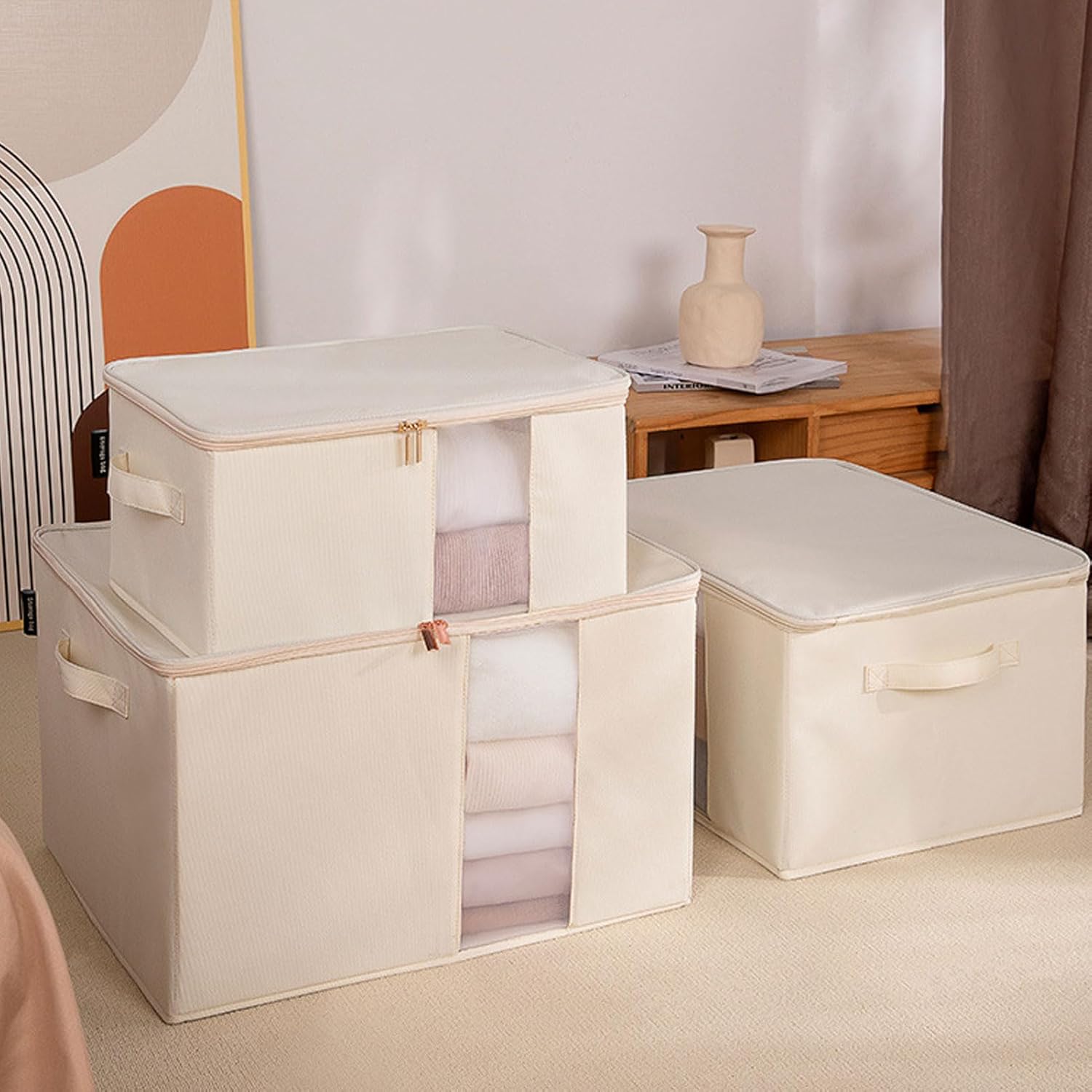 Clothes Storage Bins Oxford Cloth Visible Clear Window Large Capacity Foldable Closet Organizer for Quilts Clothes (64L)