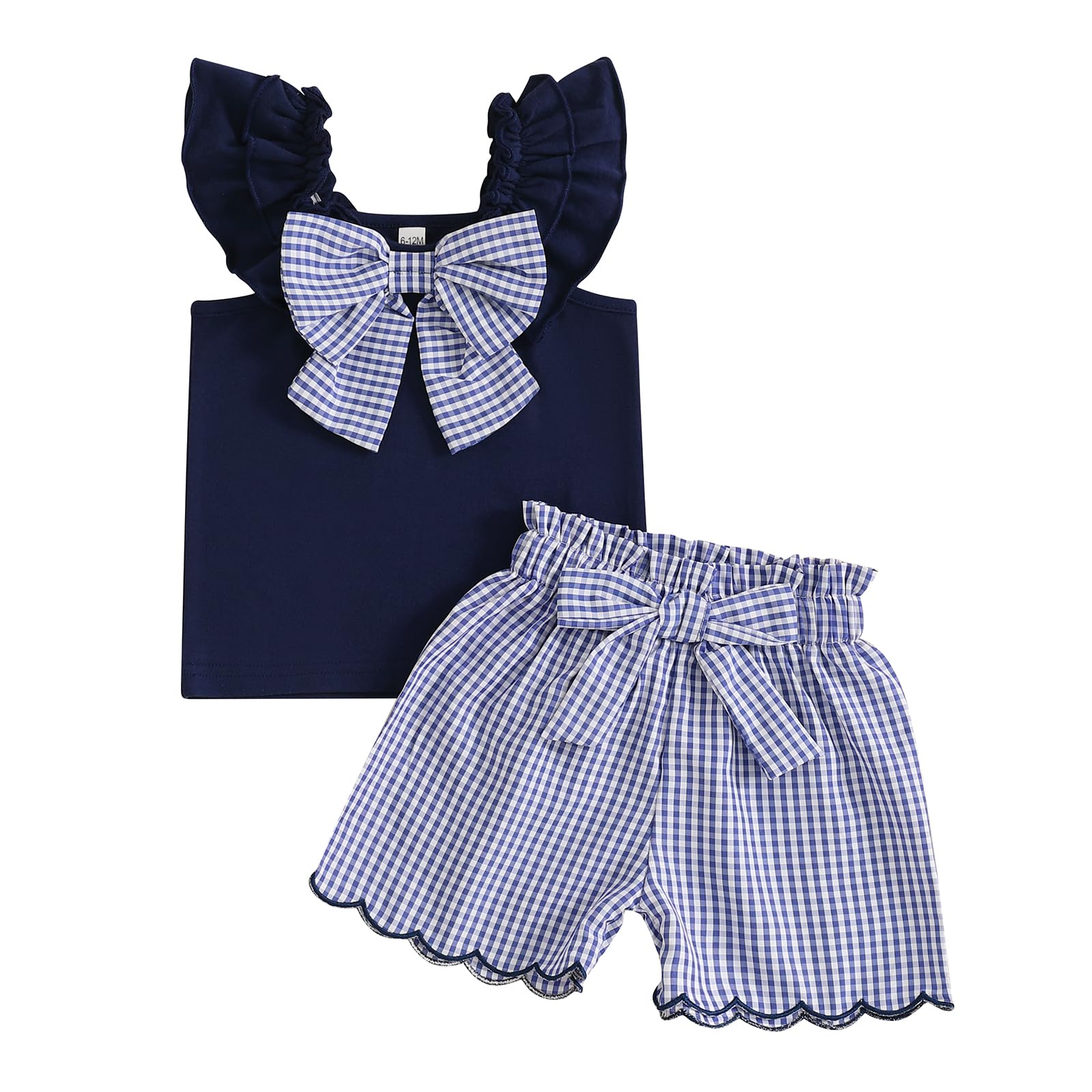 Aiwpstoin Toddler Baby Girl Summer Outfit Bow Embroidery Short Sleeve T-Shirt Top Plaid Ruffle Shorts Set Little Girls Clothes (Navy Blue, 3-4T)