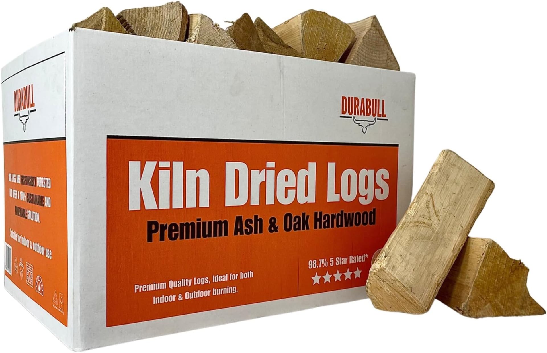 DURABULL HARDWOOD LOGS-15kg/32 litres Premium Kiln Dried OAK & ASH Logs for Wood Burners, Home Fires & Fire Pits. Hot, Long Burning, Sustainable, Ethical Fire Wood in Recycled Boxes