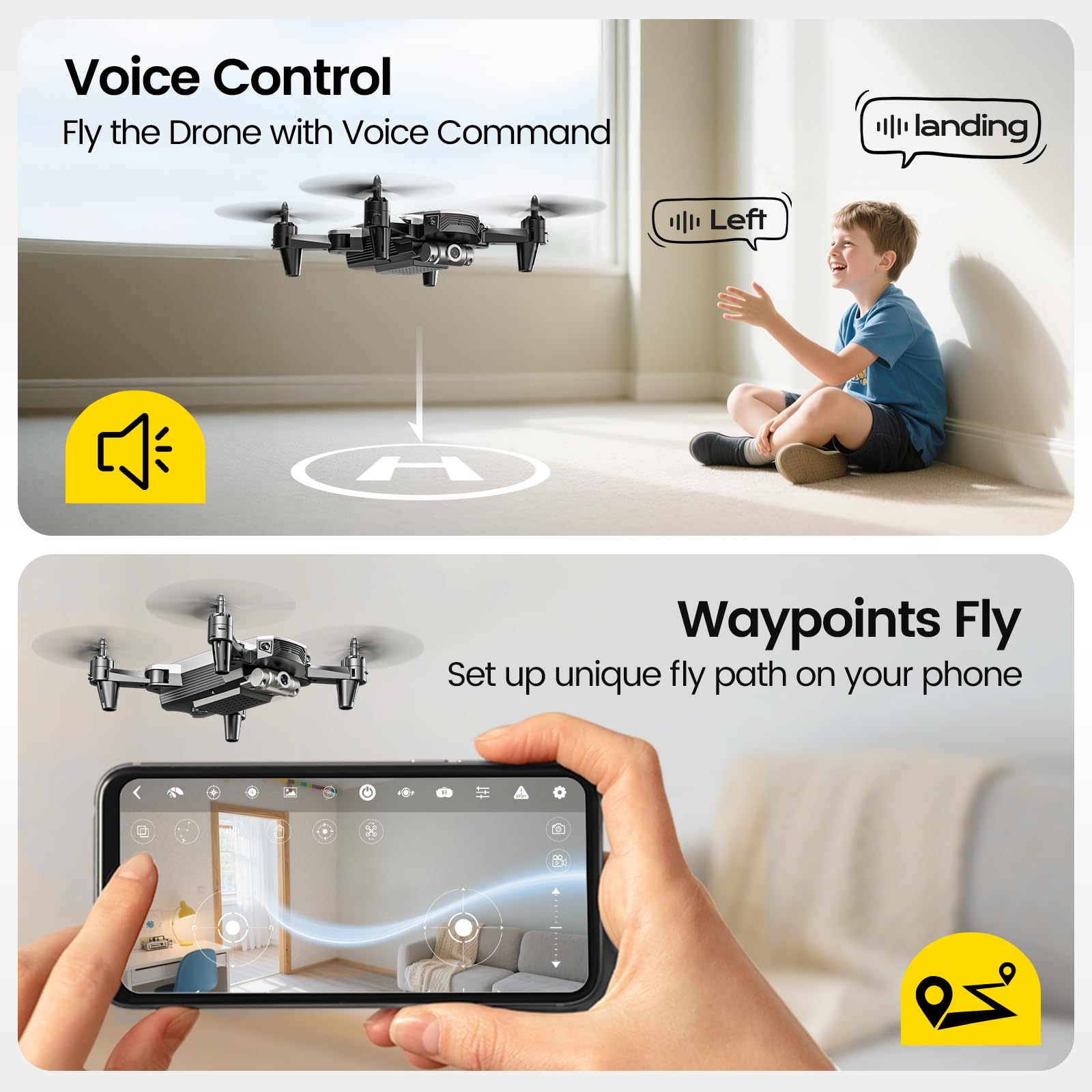 DEERC Mini Drone avec caméra quadricoptère 1080P pour enfants ou adultes avec 2 batteries, pliable, commutation automatique de la souris, contrôle vocal/gestuel, contrôle de la vitesse D20 Bleu