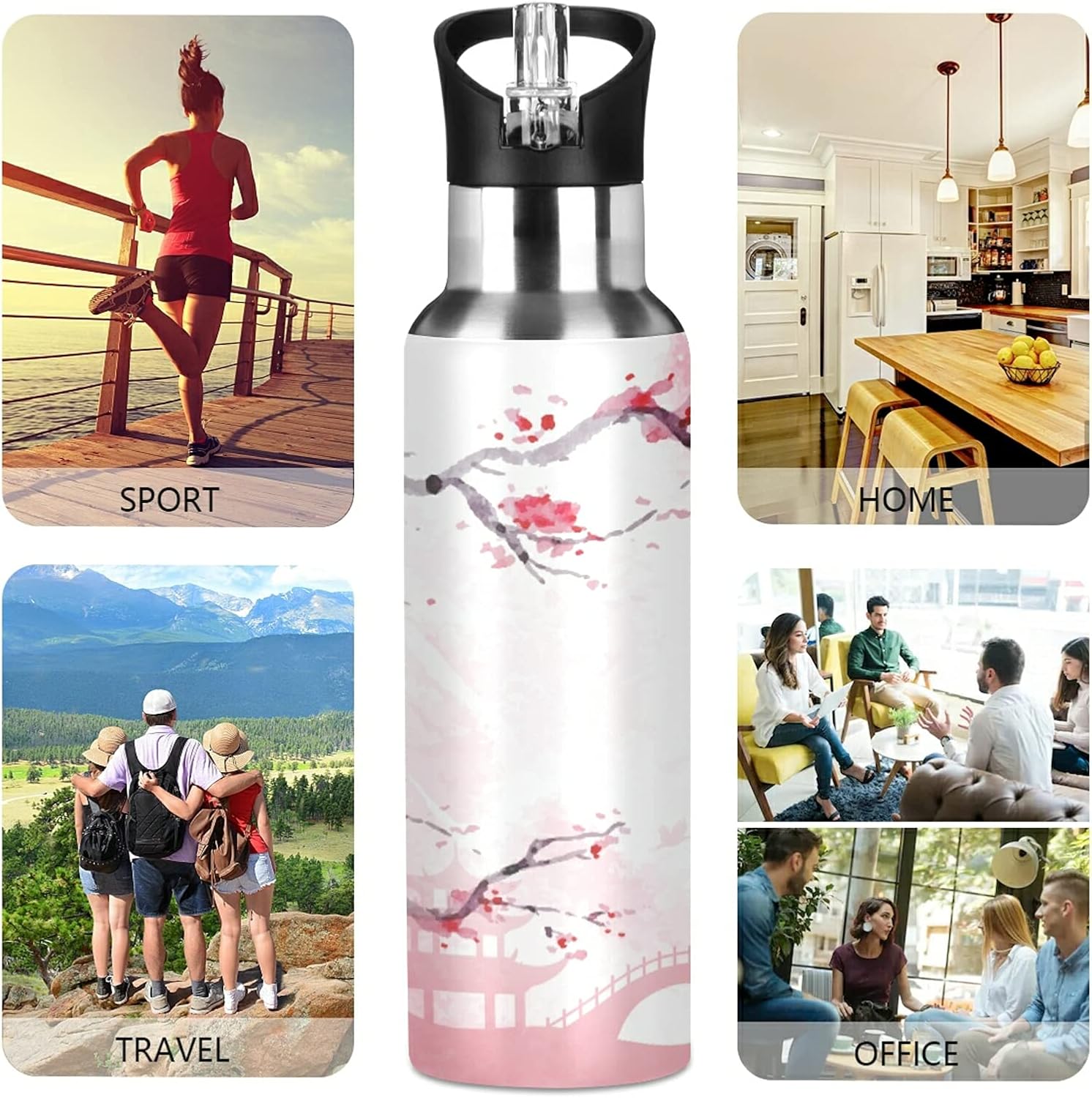 Qilmy Japanese Cherry Blossom Vacuum Insulated Water Bottle with Straw Lid 22oz Double Wall Stainless Steel Sports Water Bottle for Travel Sport, Hot Cold, BPA-Free