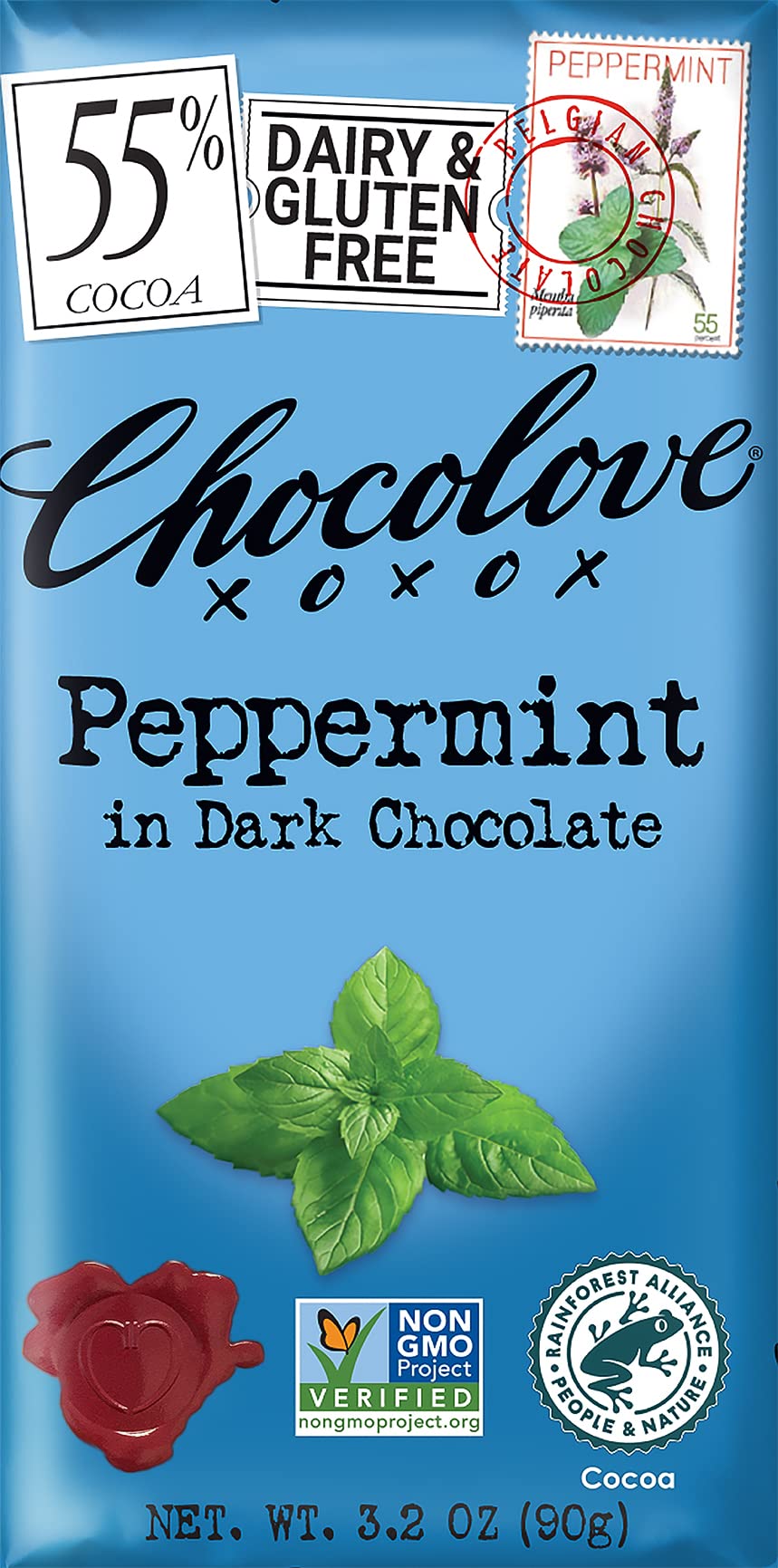 Chocolove Peppermint in Dark Chocolate, 55% Cacao | Non GMO, Rainforest Alliance Certified Cacao | 3.2oz Bar | 12 Pack