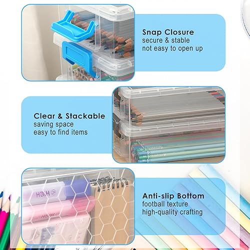 Miniatura 5 de BTSKY Paquete de 6 cajas grandes apilables para lápices con asas, estuche transparente con tapas de cierre y cierre, caja organizadora de papelería