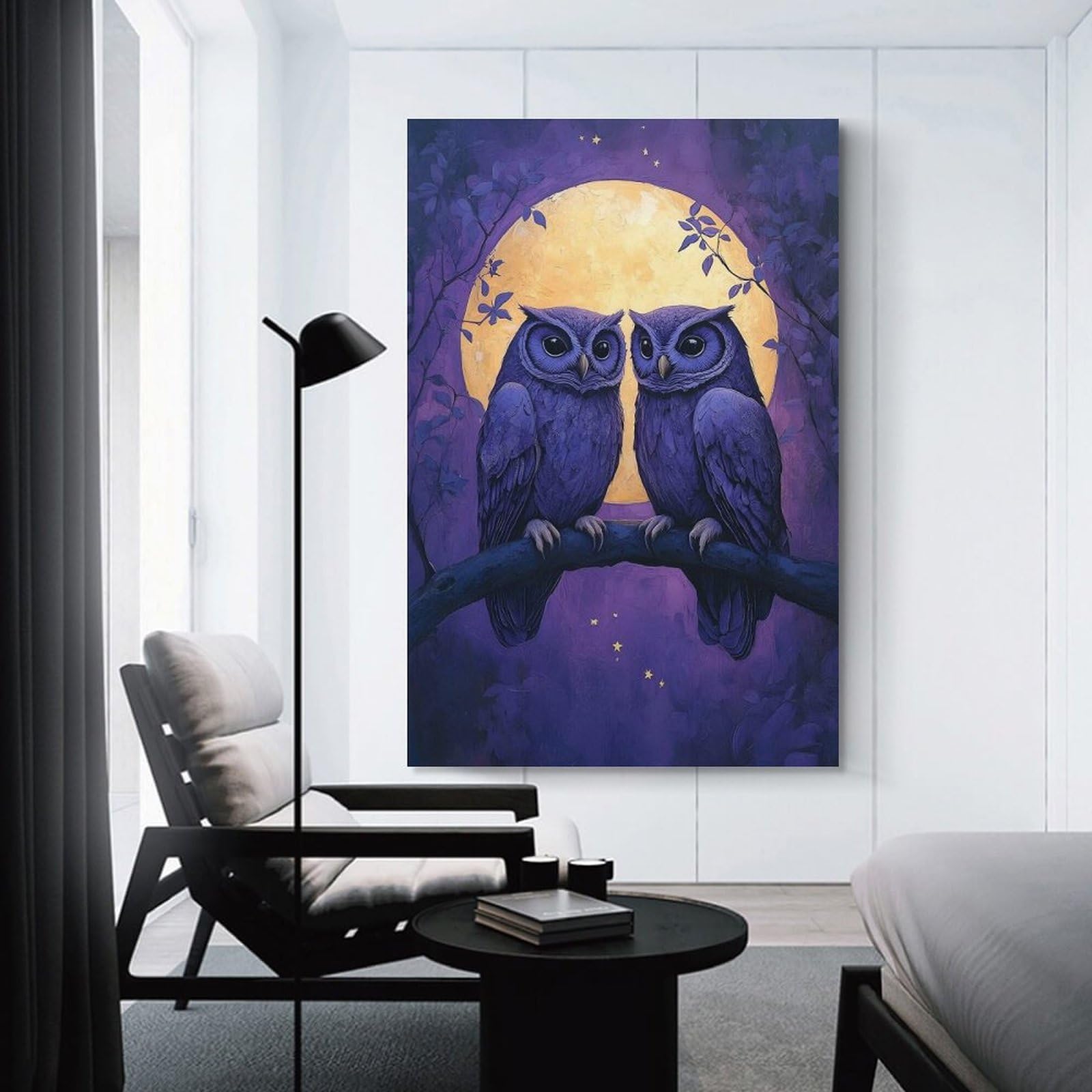 Junmoney Hanging Wall Art Two Owls Under The Moonlight, 24x36inch(60x90cm), for Living Room, Bedroom Or Apartment Walls, Decorative Artwork for Empty Walls